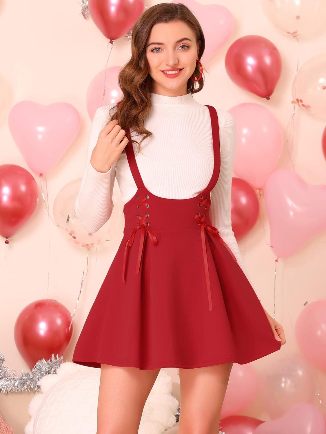 imageAllegra K Womens Halloween High Waist Brace Skirts ALine Mini Lace Up Suspender SkirtRed
