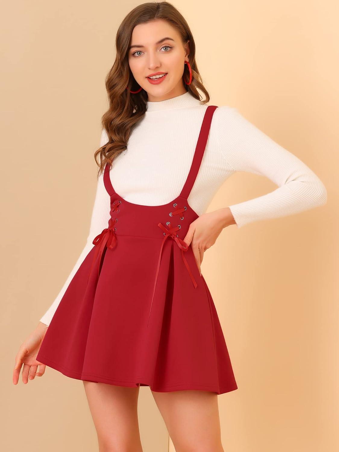 imageAllegra K Womens Halloween High Waist Brace Skirts ALine Mini Lace Up Suspender SkirtRed