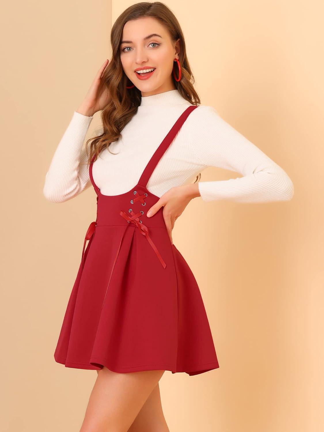 imageAllegra K Womens Halloween High Waist Brace Skirts ALine Mini Lace Up Suspender SkirtRed