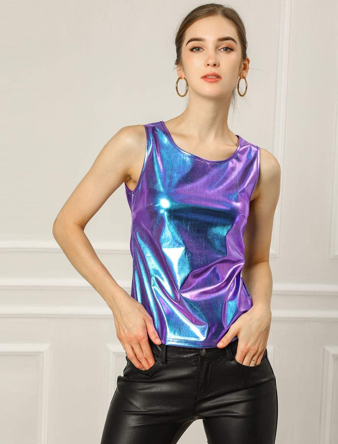 imageAllegra K Womens Halloween Shiny Top Party Club Cami Sparkly Metallic Tank TopBlue Purple
