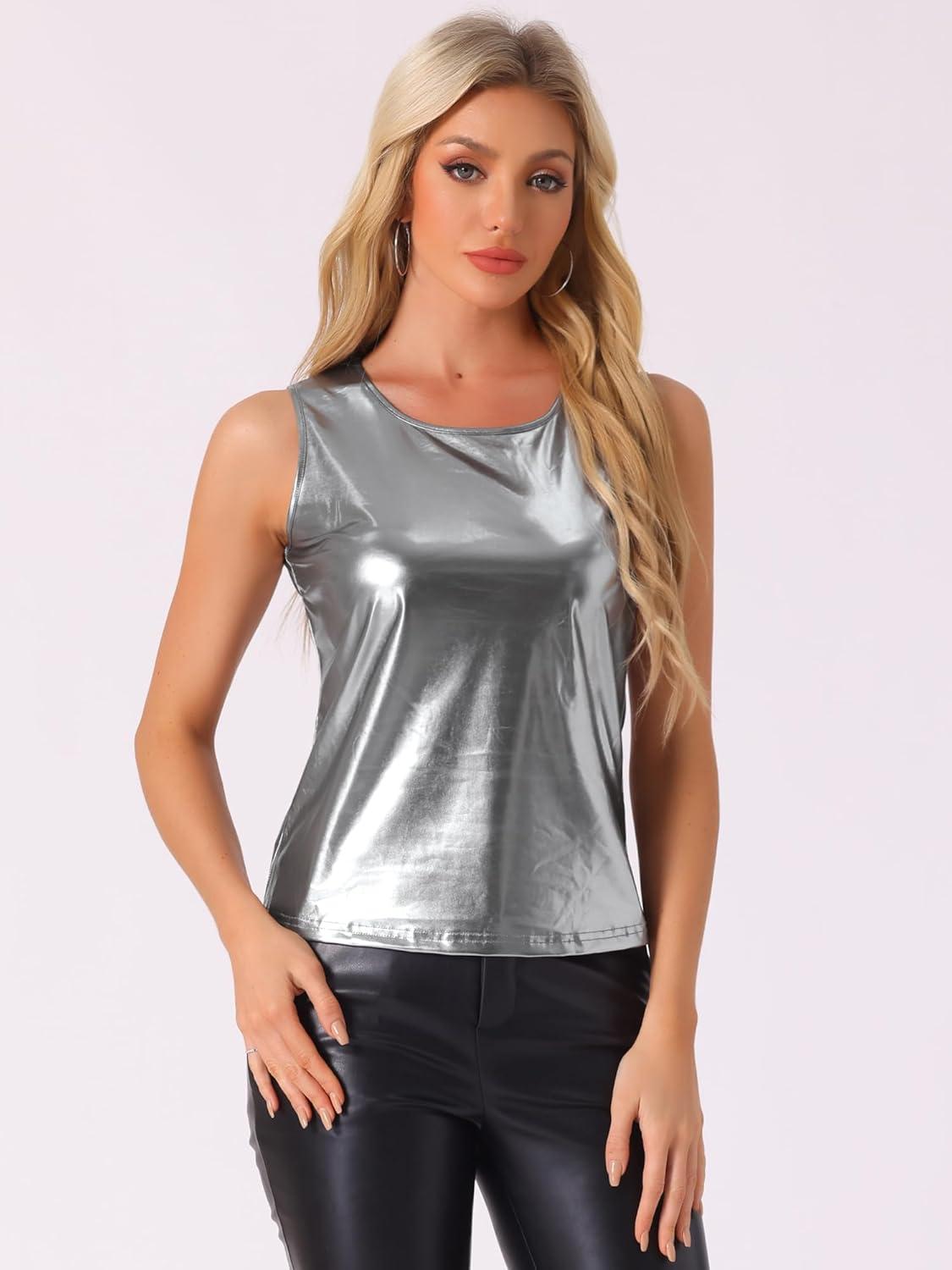 imageAllegra K Womens Halloween Shiny Top Party Club Cami Sparkly Metallic Tank TopDark Silver