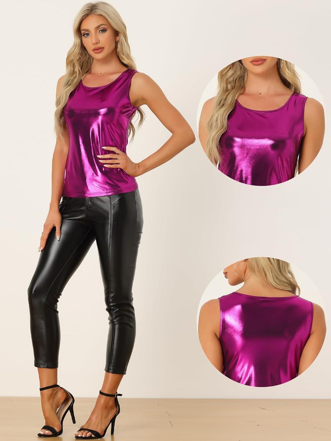 imageAllegra K Womens Halloween Shiny Top Party Club Cami Sparkly Metallic Tank TopFuchsia