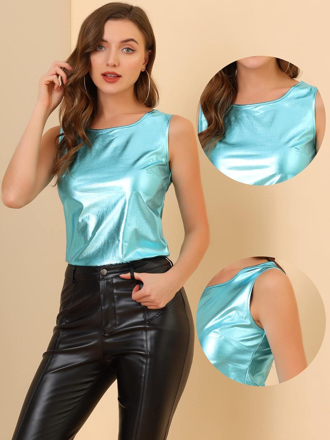 imageAllegra K Womens Halloween Shiny Top Party Club Cami Sparkly Metallic Tank TopMint Green