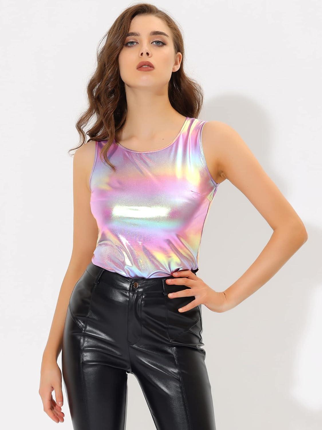 imageAllegra K Womens Halloween Shiny Top Party Club Cami Sparkly Metallic Tank TopMulticolor Pink
