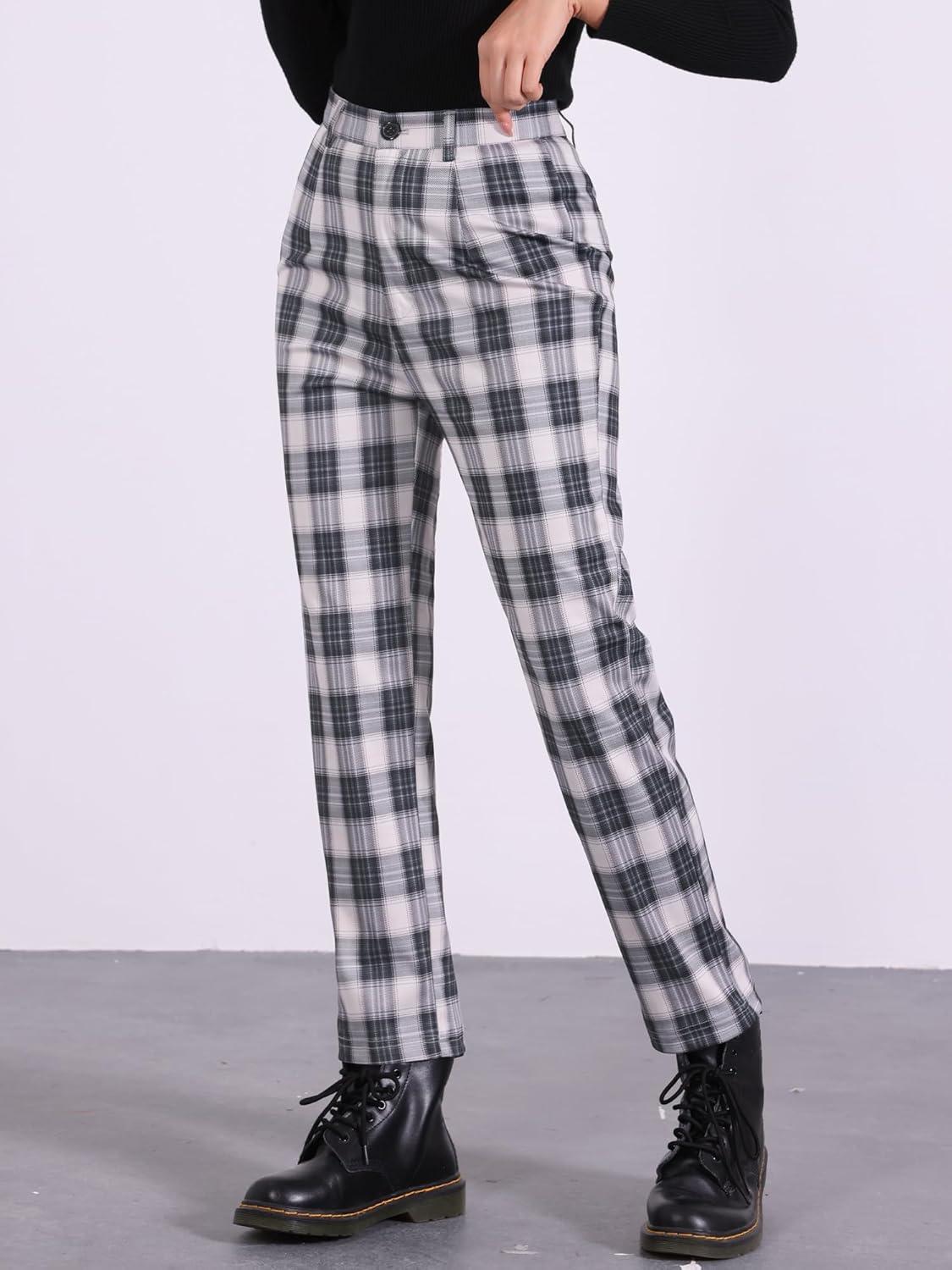 imageAllegra K Womens Plaid Pants High Waisted Vintage Tartan Checkered Cropped Casual Work PantsBlack Beige