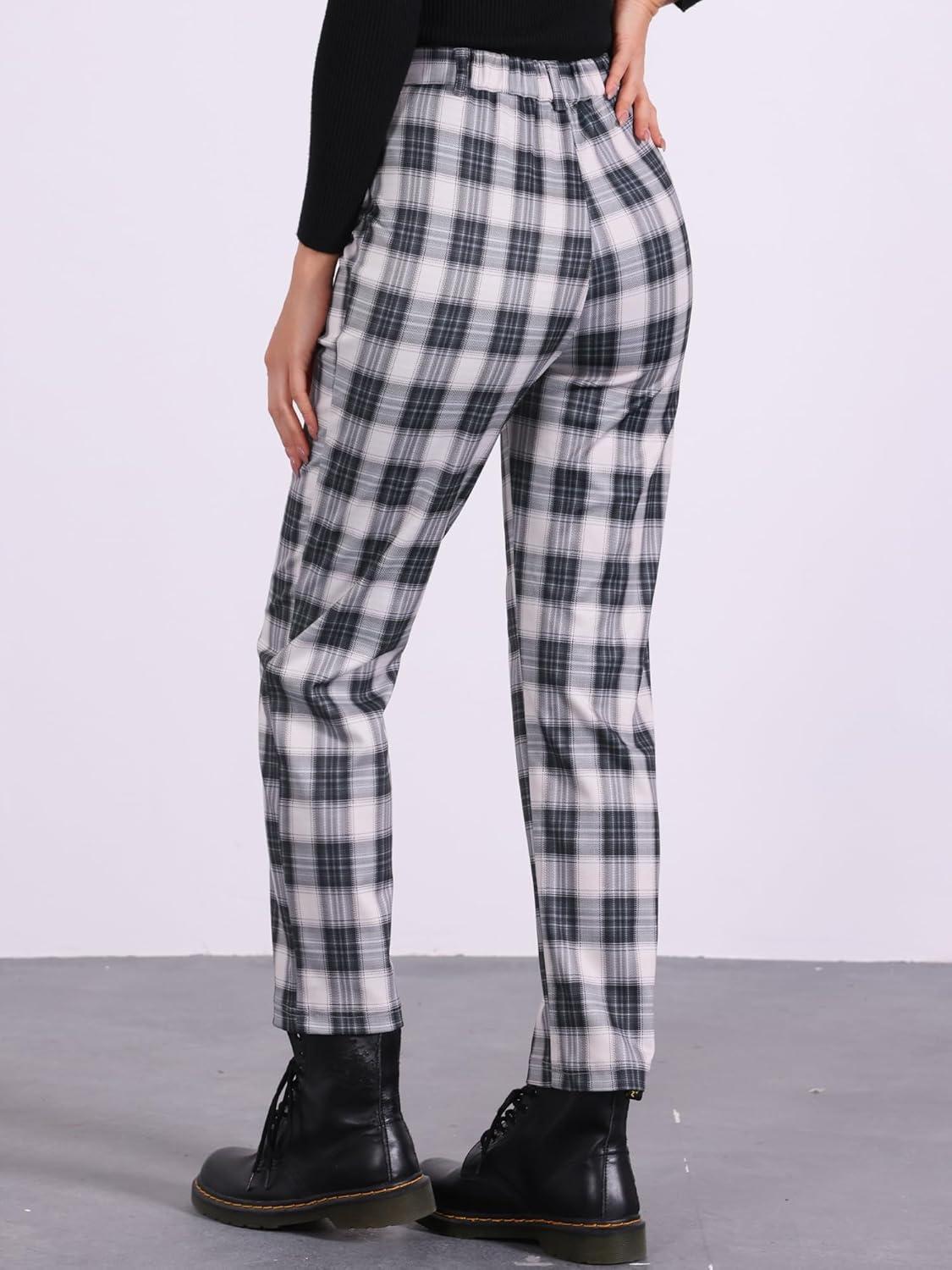 imageAllegra K Womens Plaid Pants High Waisted Vintage Tartan Checkered Cropped Casual Work PantsBlack Beige