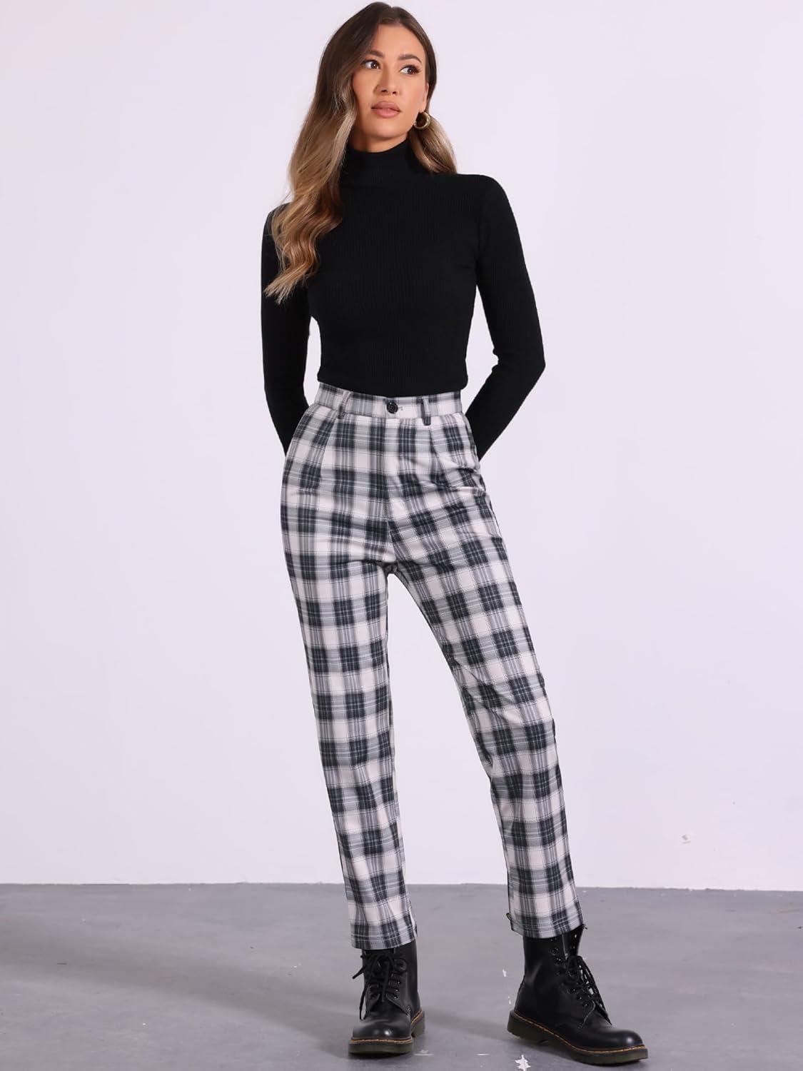imageAllegra K Womens Plaid Pants High Waisted Vintage Tartan Checkered Cropped Casual Work PantsBlack Beige