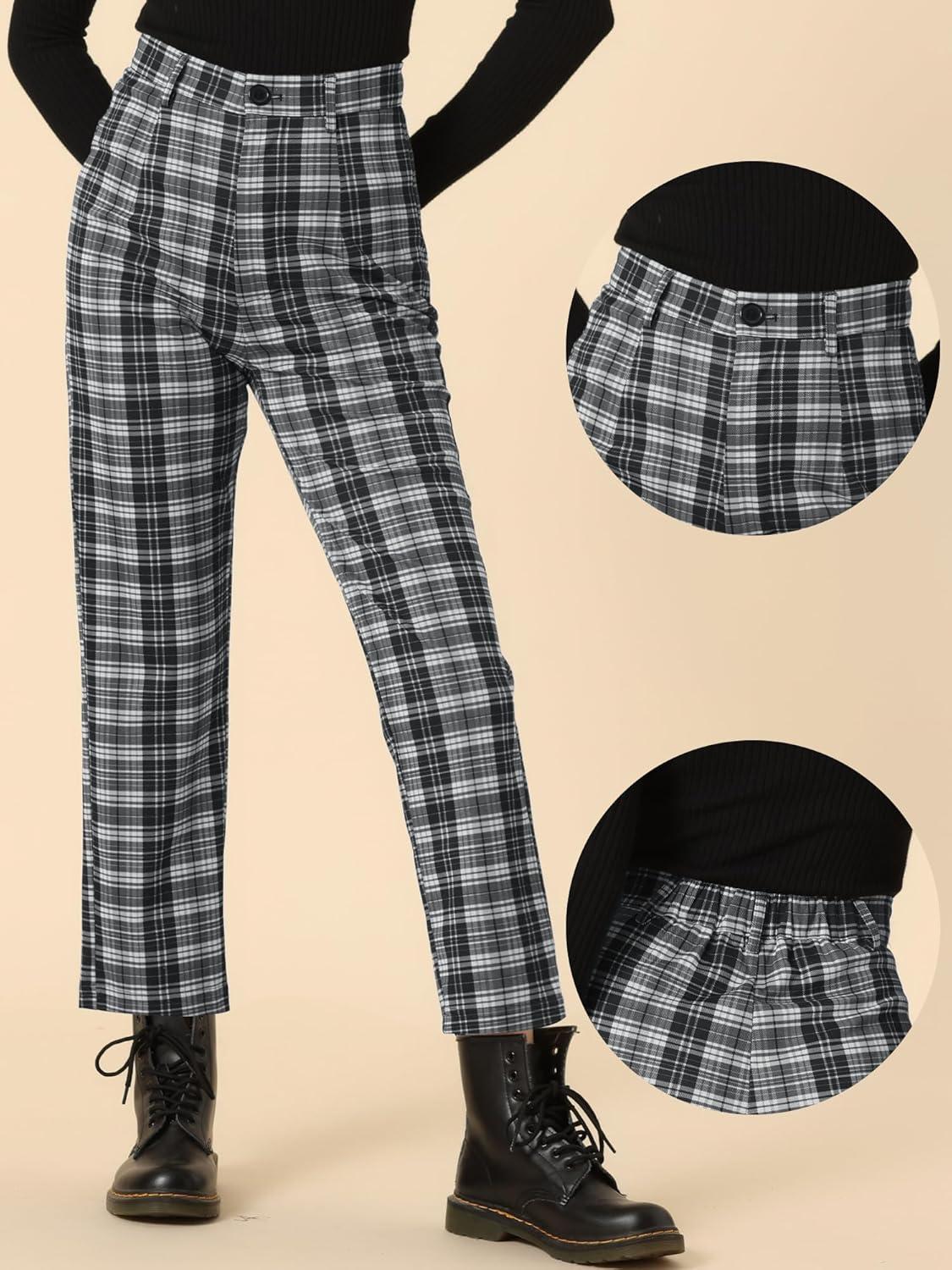 imageAllegra K Womens Plaid Pants High Waisted Vintage Tartan Checkered Cropped Casual Work PantsBlack White