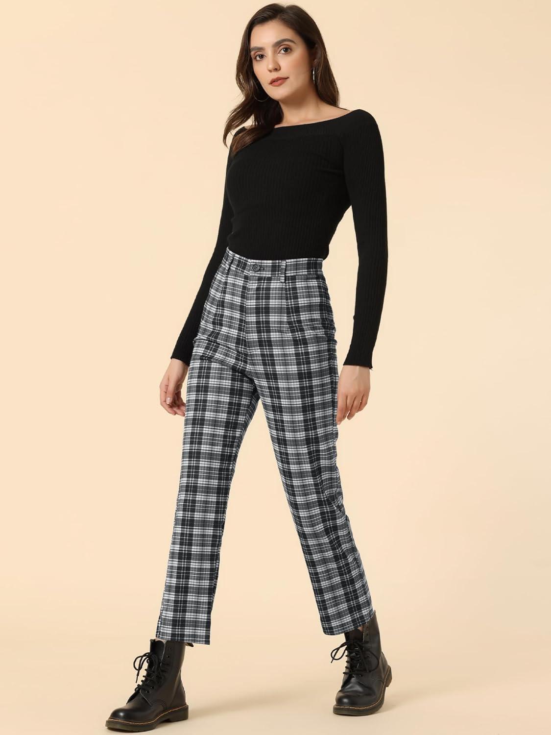 imageAllegra K Womens Plaid Pants High Waisted Vintage Tartan Checkered Cropped Casual Work PantsBlack White