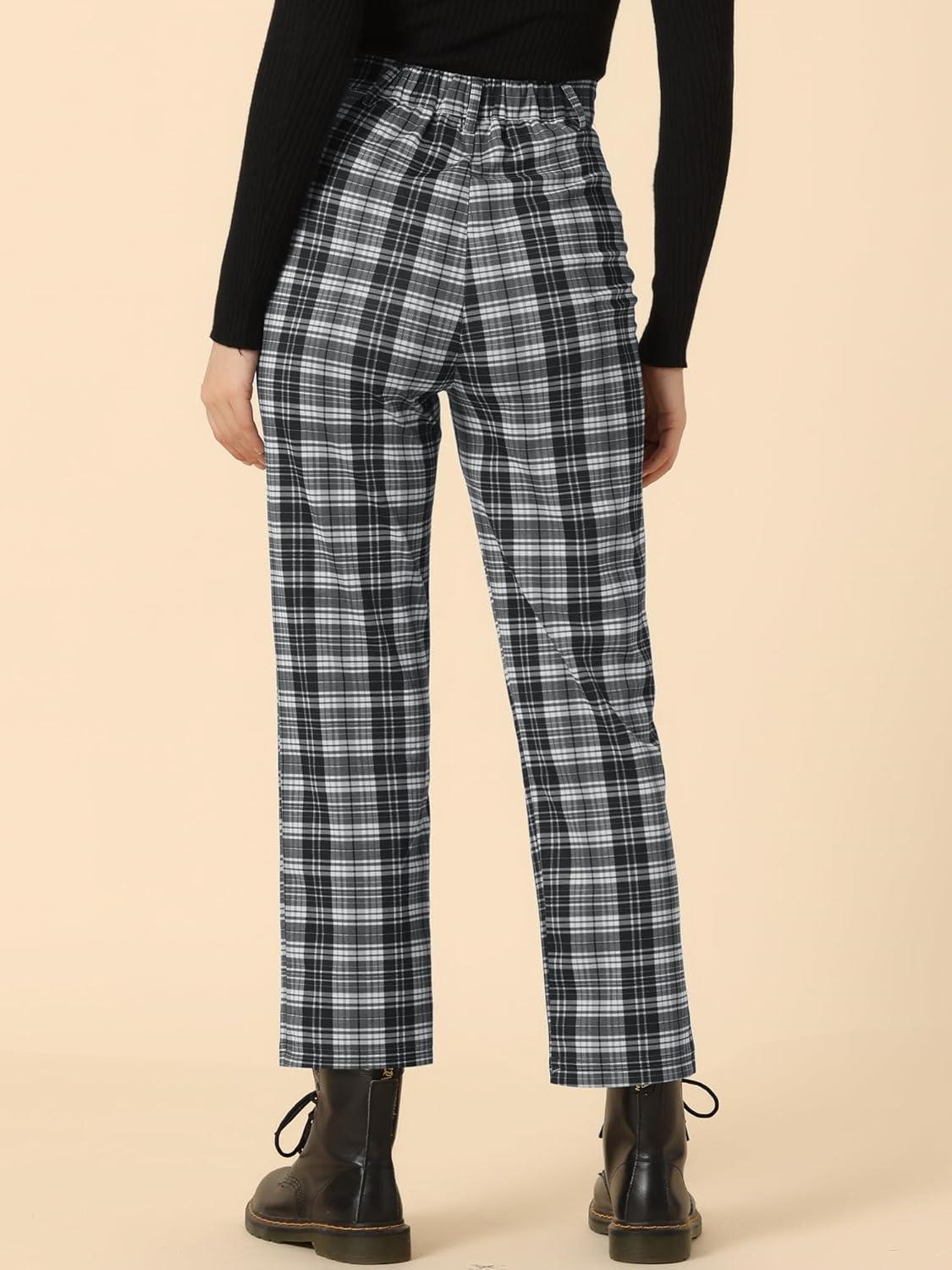 imageAllegra K Womens Plaid Pants High Waisted Vintage Tartan Checkered Cropped Casual Work PantsBlack White