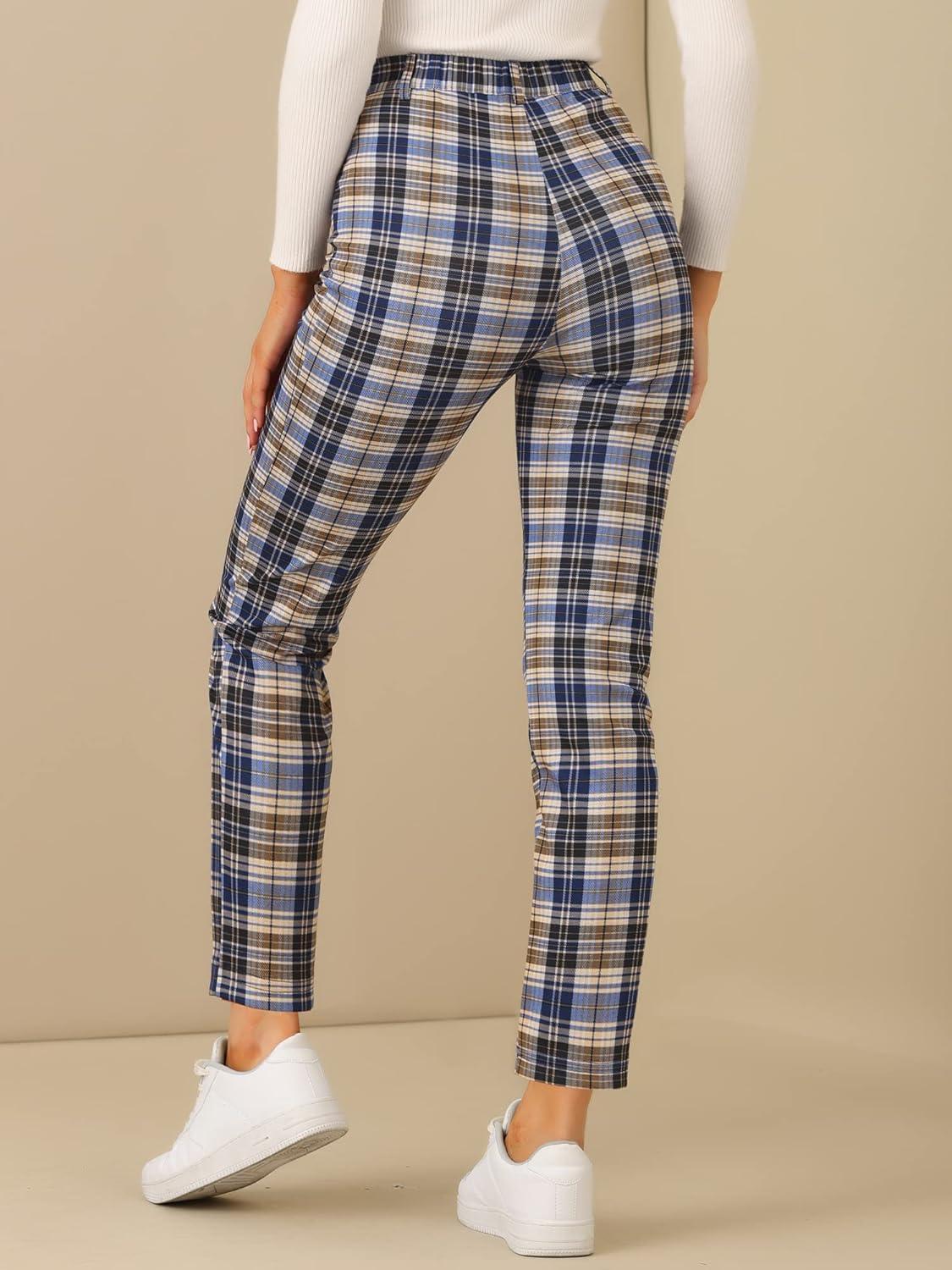imageAllegra K Womens Plaid Pants High Waisted Vintage Tartan Checkered Cropped Casual Work PantsBlue