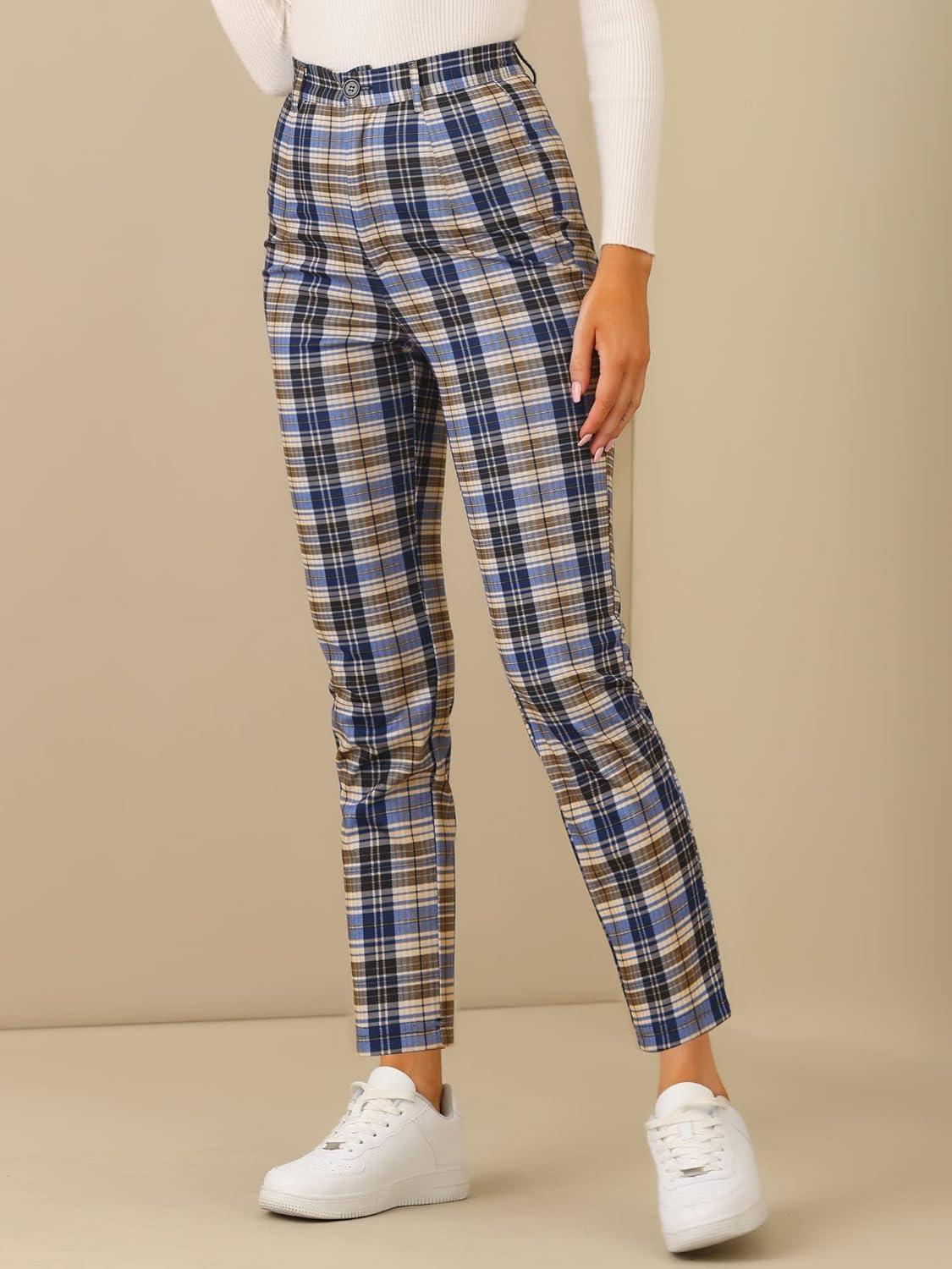 imageAllegra K Womens Plaid Pants High Waisted Vintage Tartan Checkered Cropped Casual Work PantsBlue