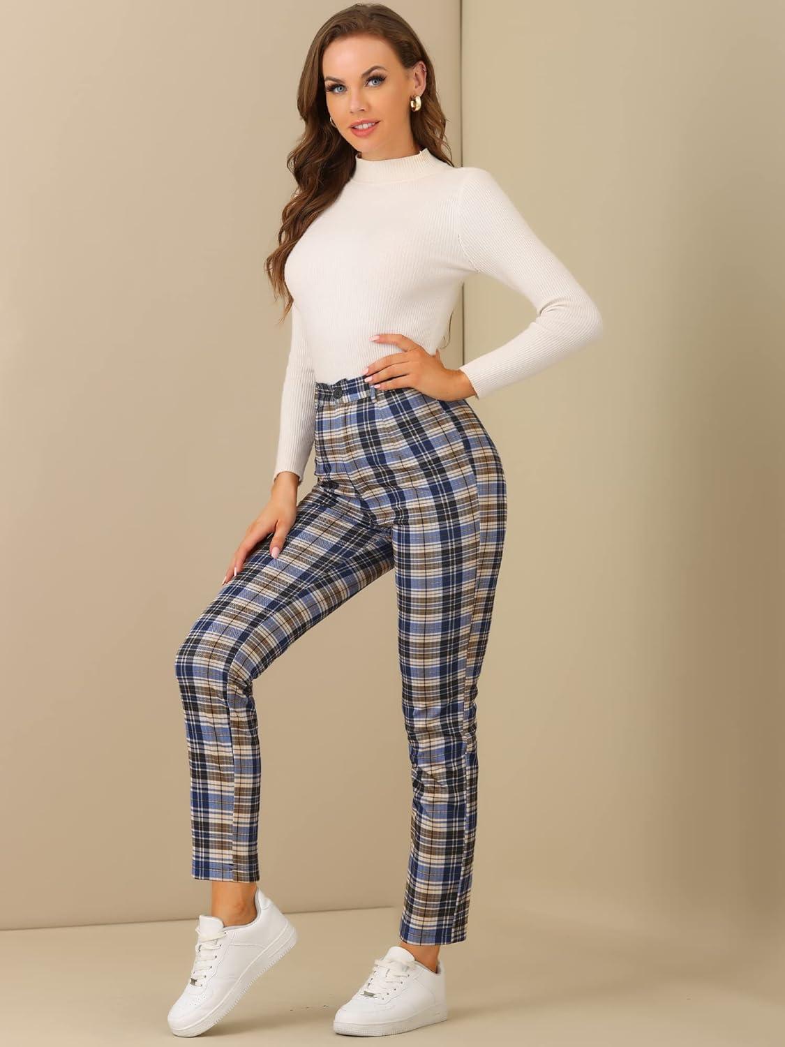 imageAllegra K Womens Plaid Pants High Waisted Vintage Tartan Checkered Cropped Casual Work PantsBlue
