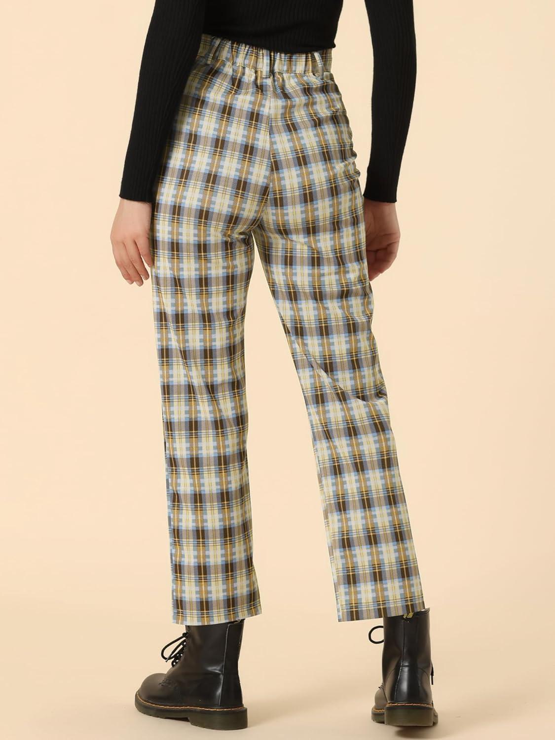 imageAllegra K Womens Plaid Pants High Waisted Vintage Tartan Checkered Cropped Casual Work PantsBlue Brown