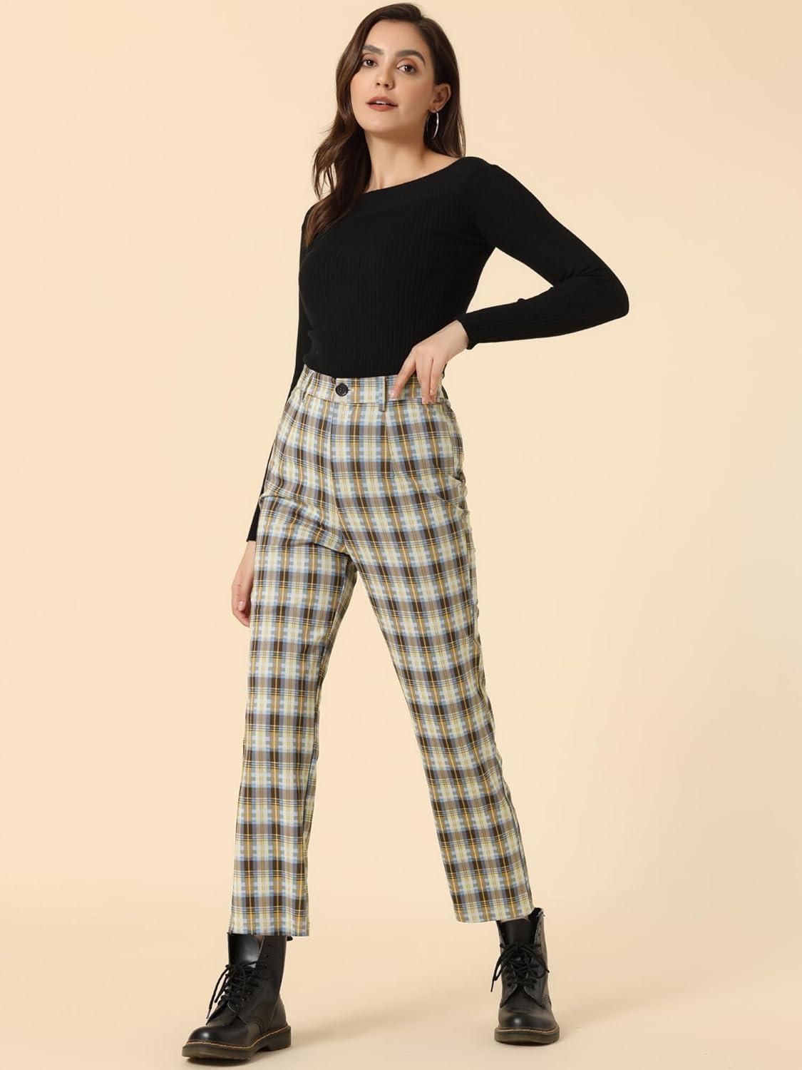 imageAllegra K Womens Plaid Pants High Waisted Vintage Tartan Checkered Cropped Casual Work PantsBlue Brown