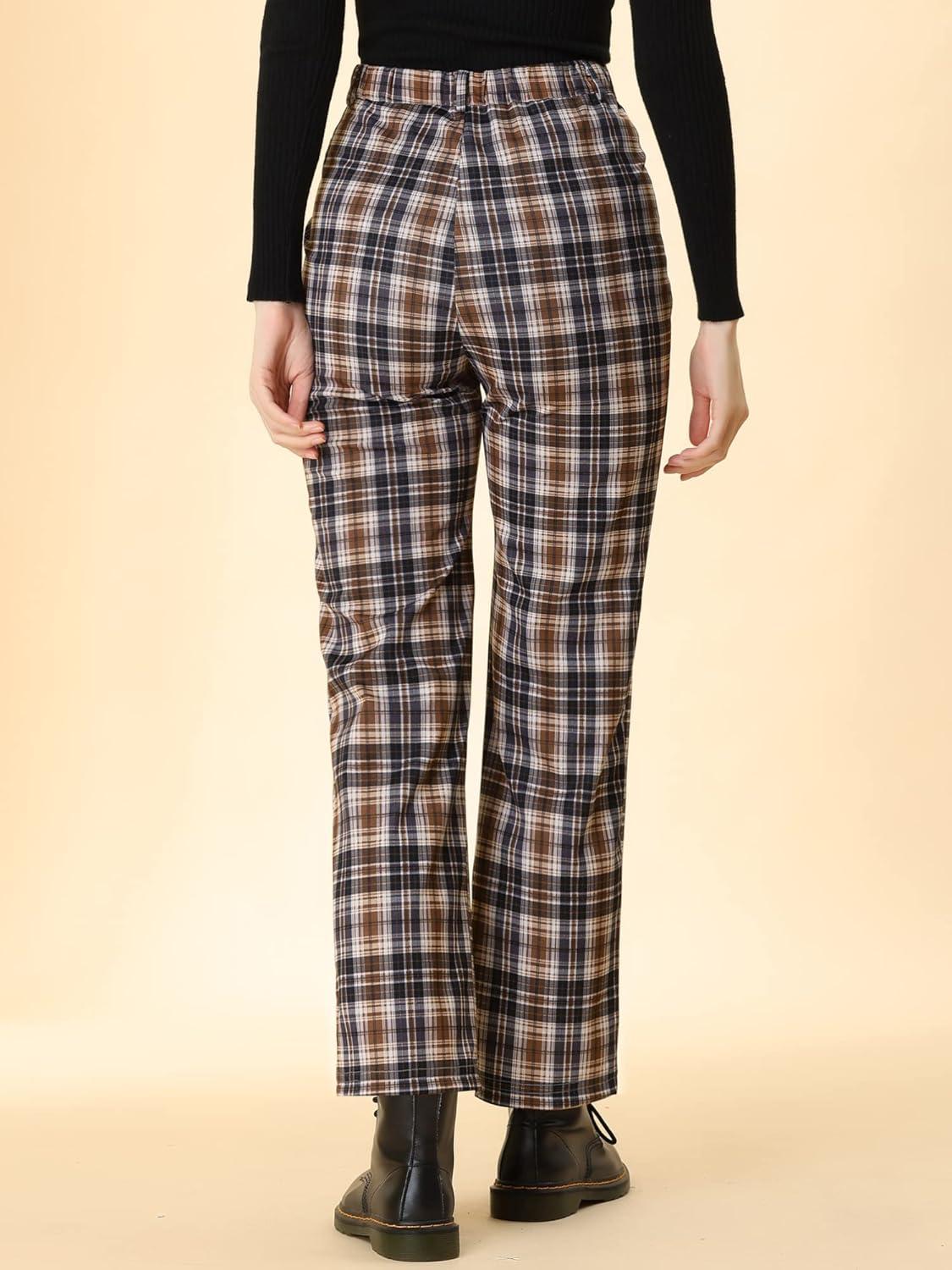imageAllegra K Womens Plaid Pants High Waisted Vintage Tartan Checkered Cropped Casual Work PantsBrown