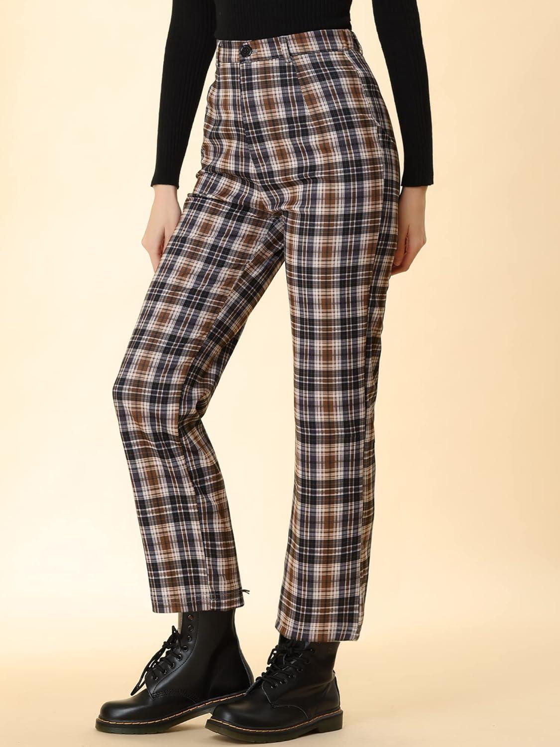 imageAllegra K Womens Plaid Pants High Waisted Vintage Tartan Checkered Cropped Casual Work PantsBrown