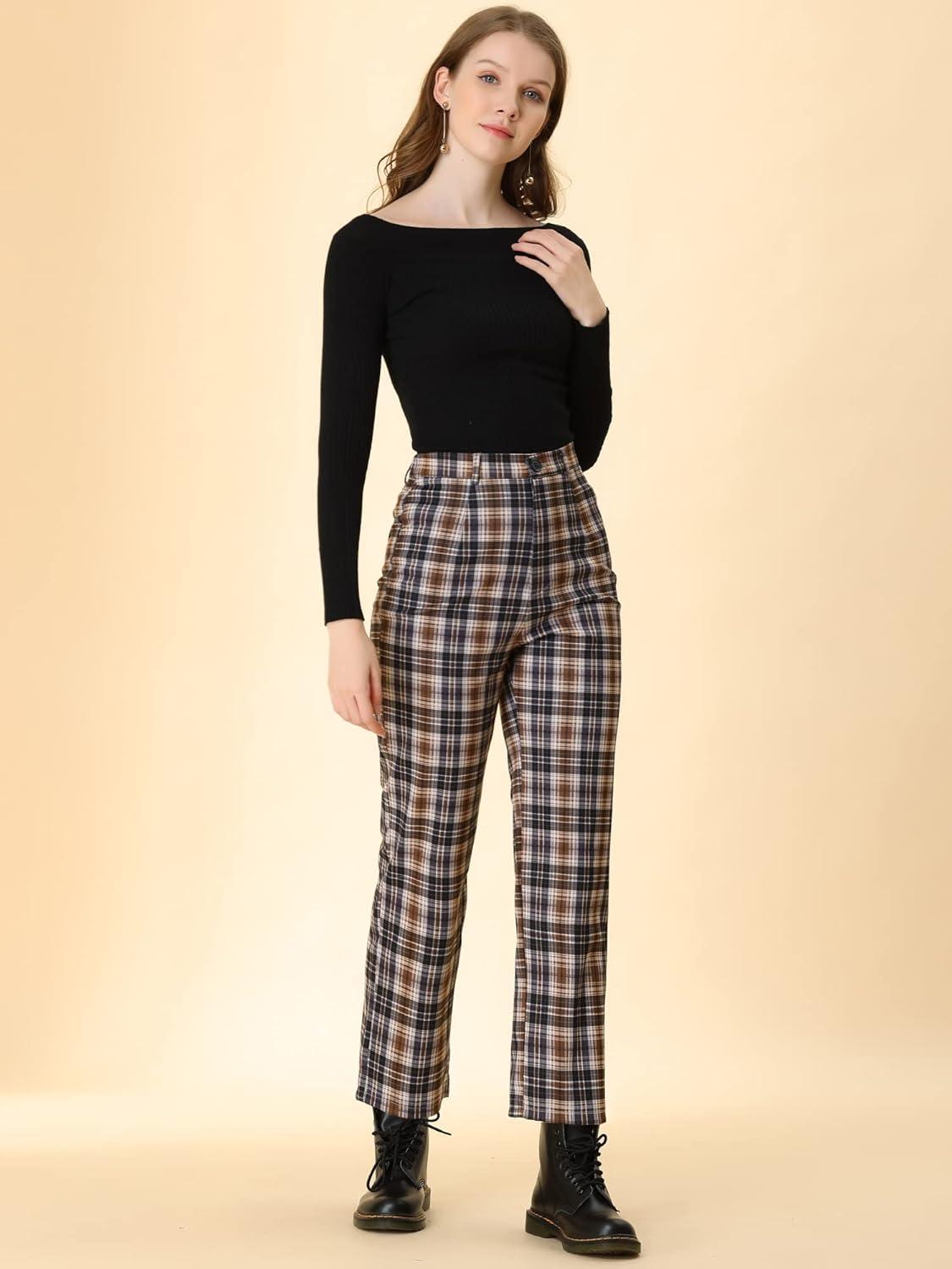 imageAllegra K Womens Plaid Pants High Waisted Vintage Tartan Checkered Cropped Casual Work PantsBrown