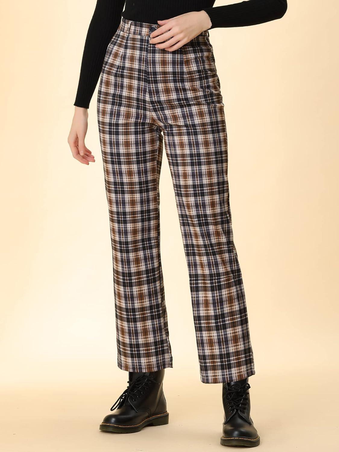 imageAllegra K Womens Plaid Pants High Waisted Vintage Tartan Checkered Cropped Casual Work PantsBrown