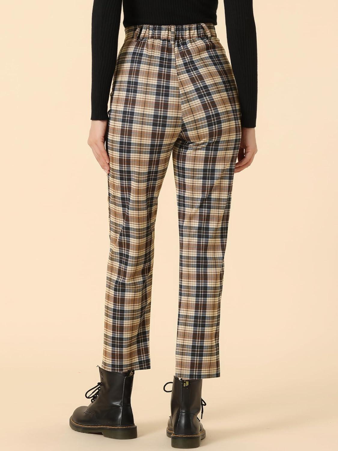 imageAllegra K Womens Plaid Pants High Waisted Vintage Tartan Checkered Cropped Casual Work PantsDark Brown