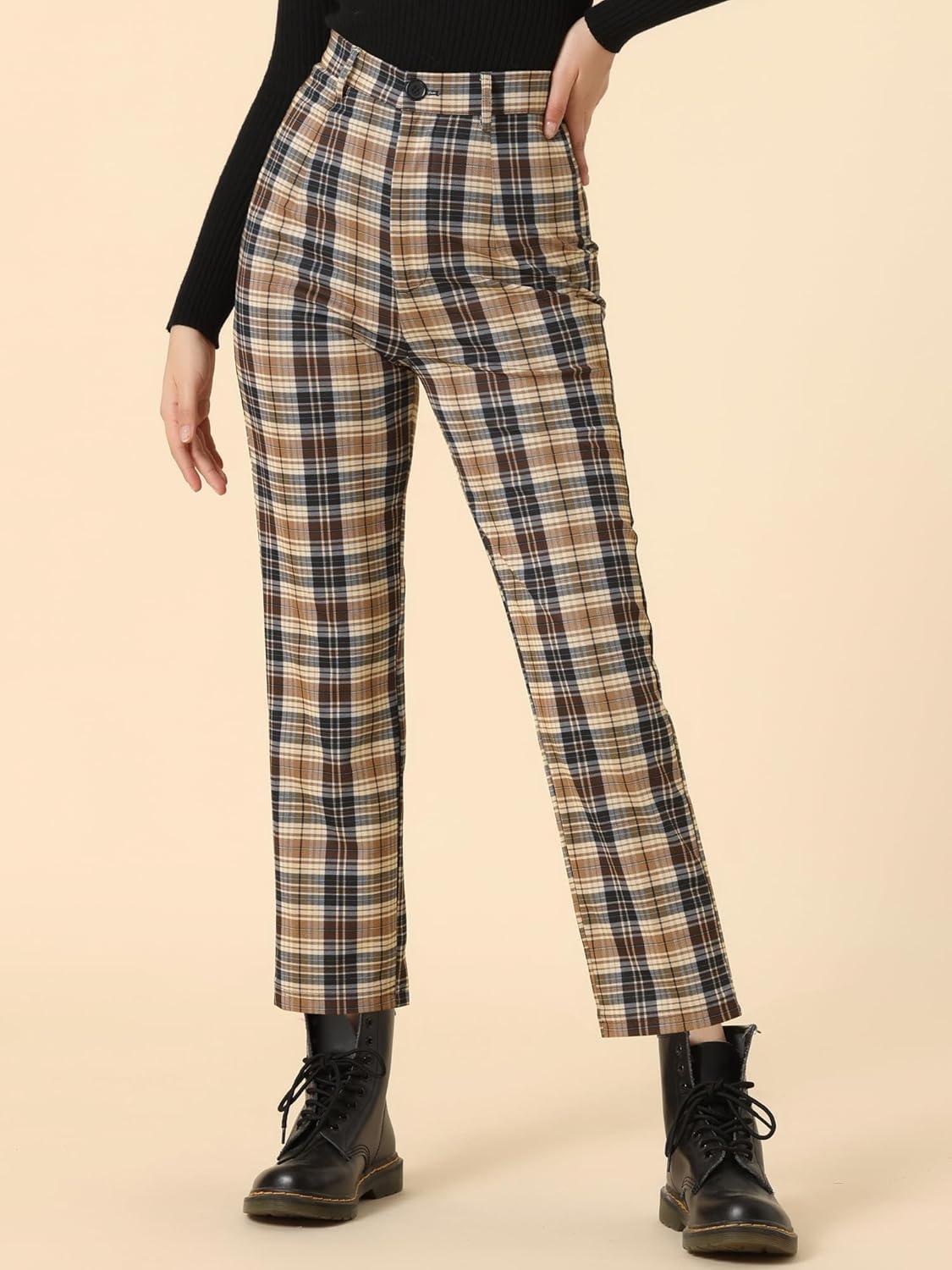 imageAllegra K Womens Plaid Pants High Waisted Vintage Tartan Checkered Cropped Casual Work PantsDark Brown