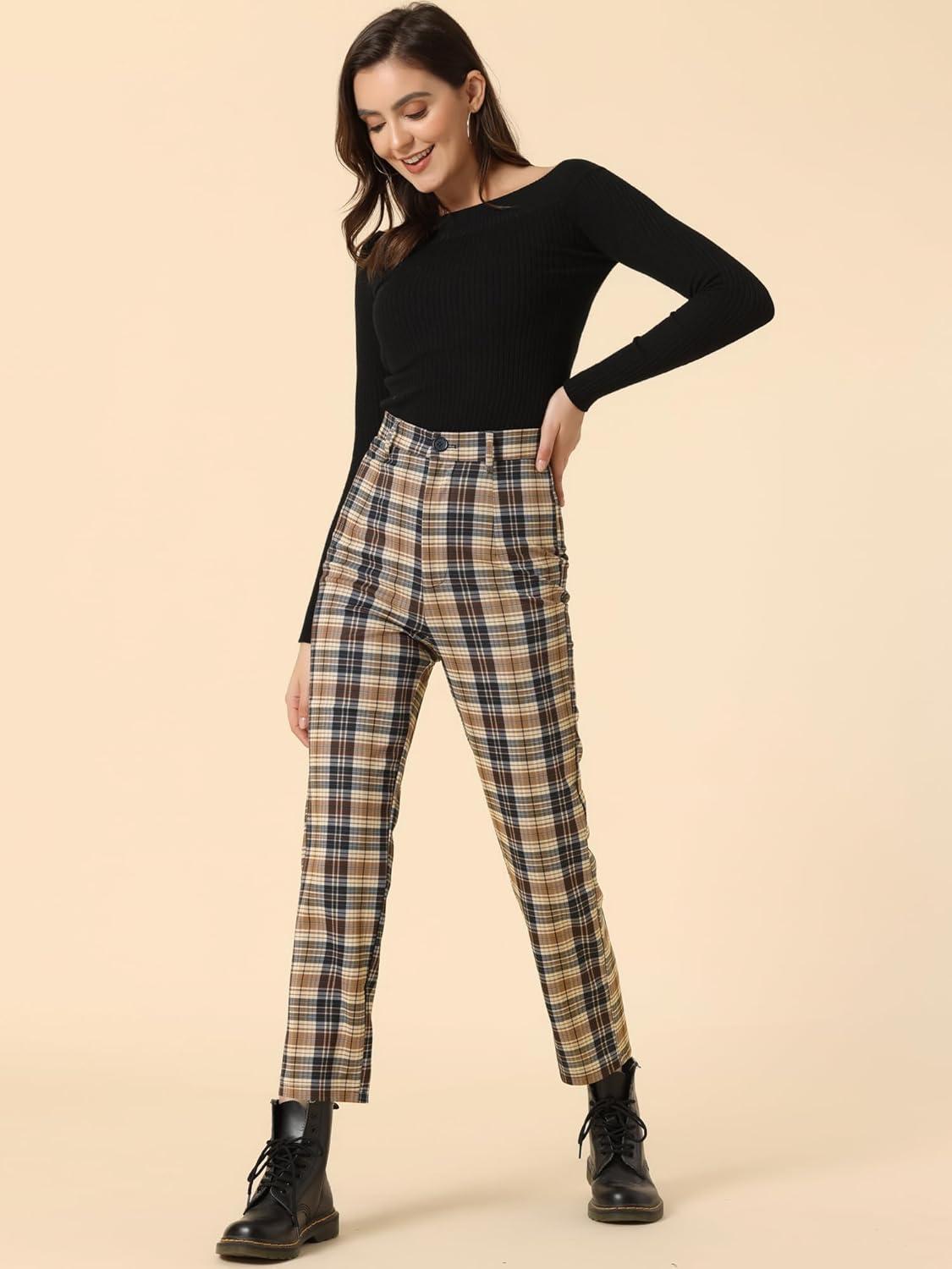 imageAllegra K Womens Plaid Pants High Waisted Vintage Tartan Checkered Cropped Casual Work PantsDark Brown