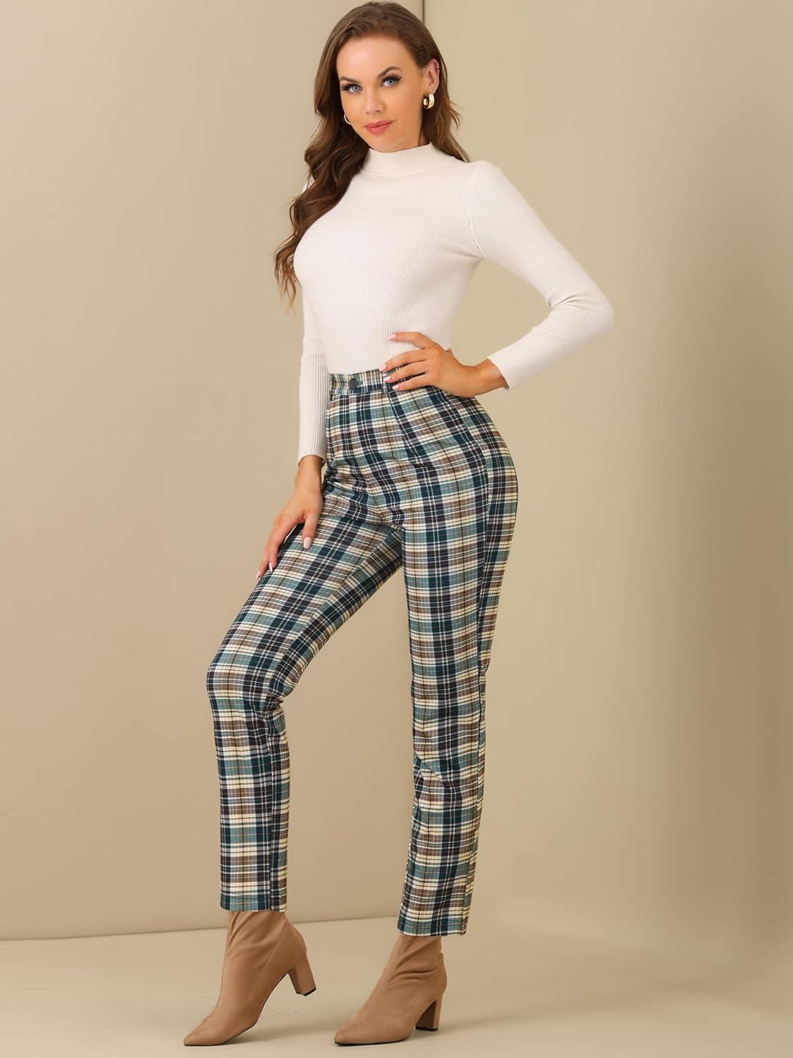 imageAllegra K Womens Plaid Pants High Waisted Vintage Tartan Checkered Cropped Casual Work PantsGreen