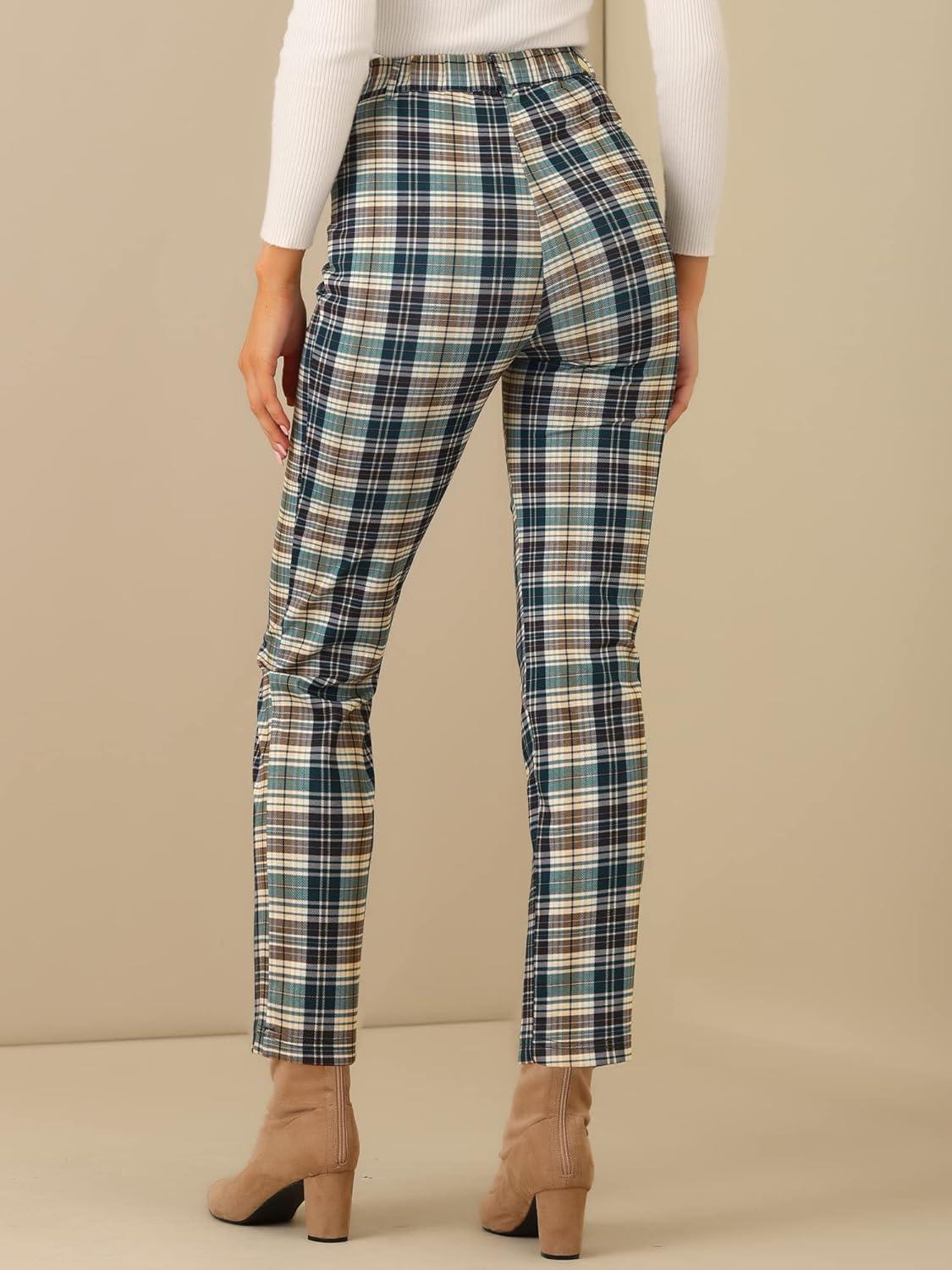 imageAllegra K Womens Plaid Pants High Waisted Vintage Tartan Checkered Cropped Casual Work PantsGreen