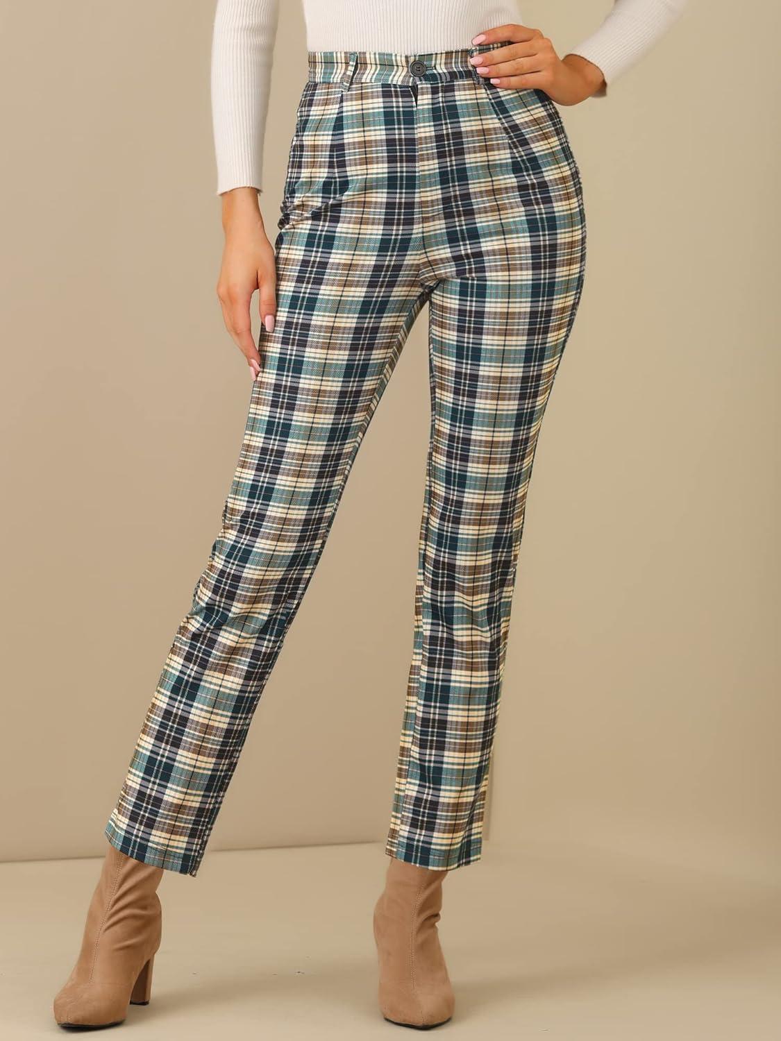 imageAllegra K Womens Plaid Pants High Waisted Vintage Tartan Checkered Cropped Casual Work PantsGreen