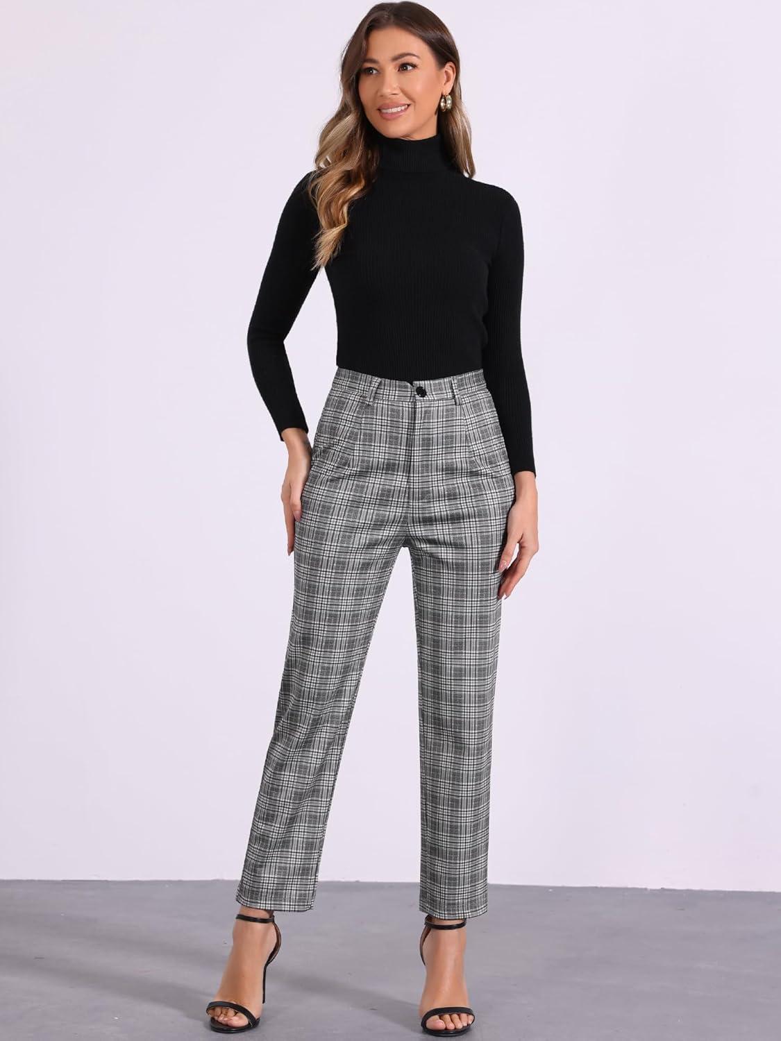 imageAllegra K Womens Plaid Pants High Waisted Vintage Tartan Checkered Cropped Casual Work PantsGrey Black