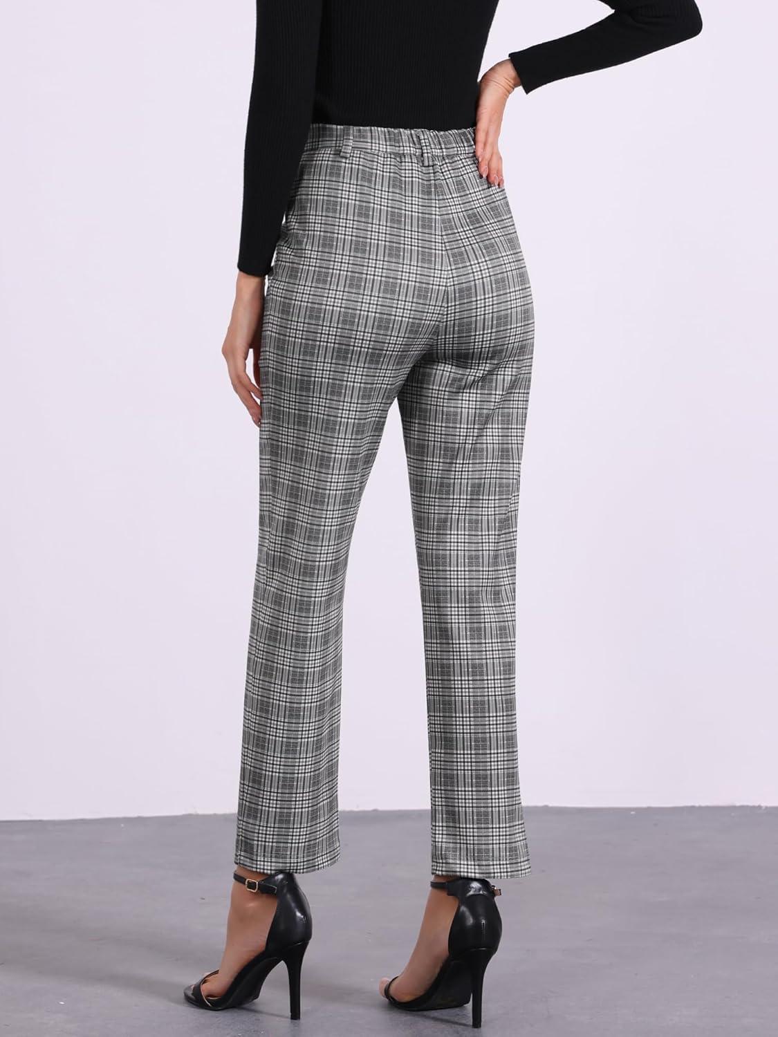 imageAllegra K Womens Plaid Pants High Waisted Vintage Tartan Checkered Cropped Casual Work PantsGrey Black