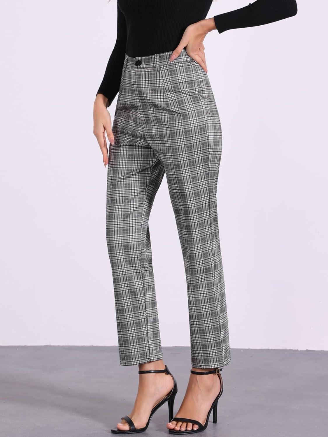imageAllegra K Womens Plaid Pants High Waisted Vintage Tartan Checkered Cropped Casual Work PantsGrey Black