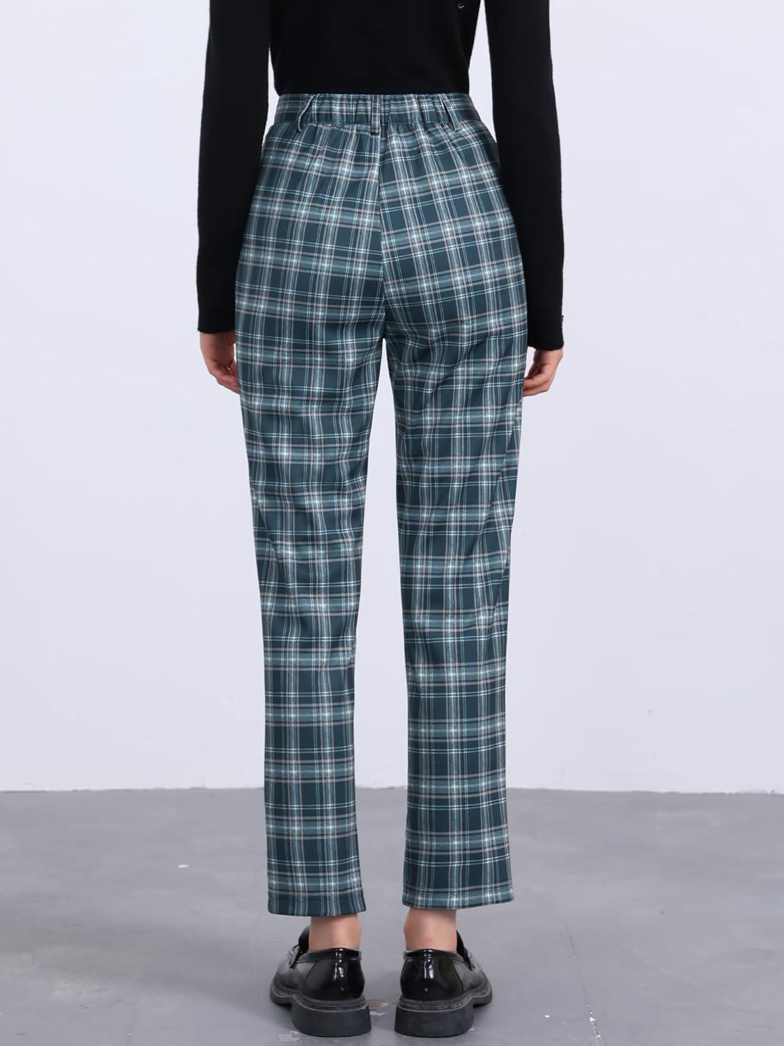 imageAllegra K Womens Plaid Pants High Waisted Vintage Tartan Checkered Cropped Casual Work PantsNavy Blue