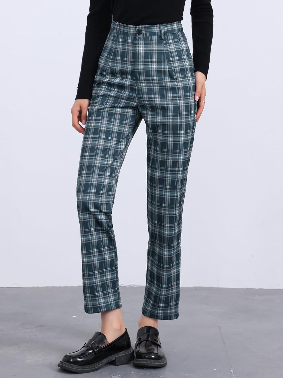 imageAllegra K Womens Plaid Pants High Waisted Vintage Tartan Checkered Cropped Casual Work PantsNavy Blue