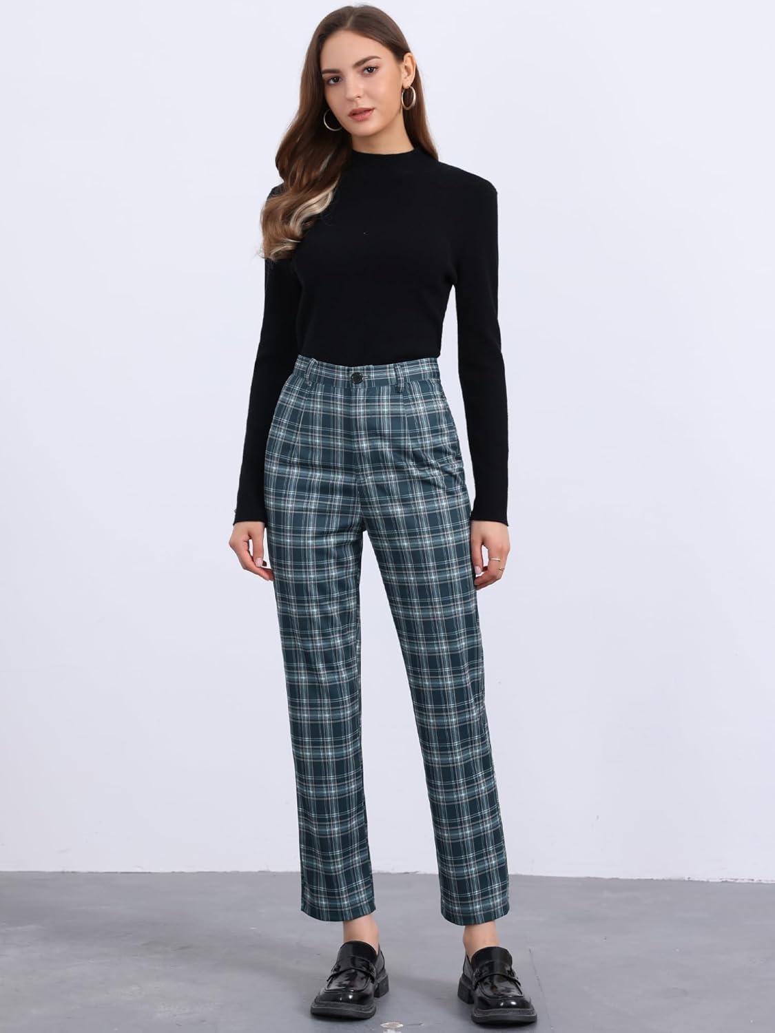 imageAllegra K Womens Plaid Pants High Waisted Vintage Tartan Checkered Cropped Casual Work PantsNavy Blue