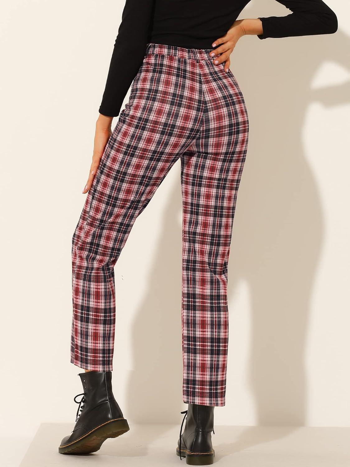 imageAllegra K Womens Plaid Pants High Waisted Vintage Tartan Checkered Cropped Casual Work PantsRed