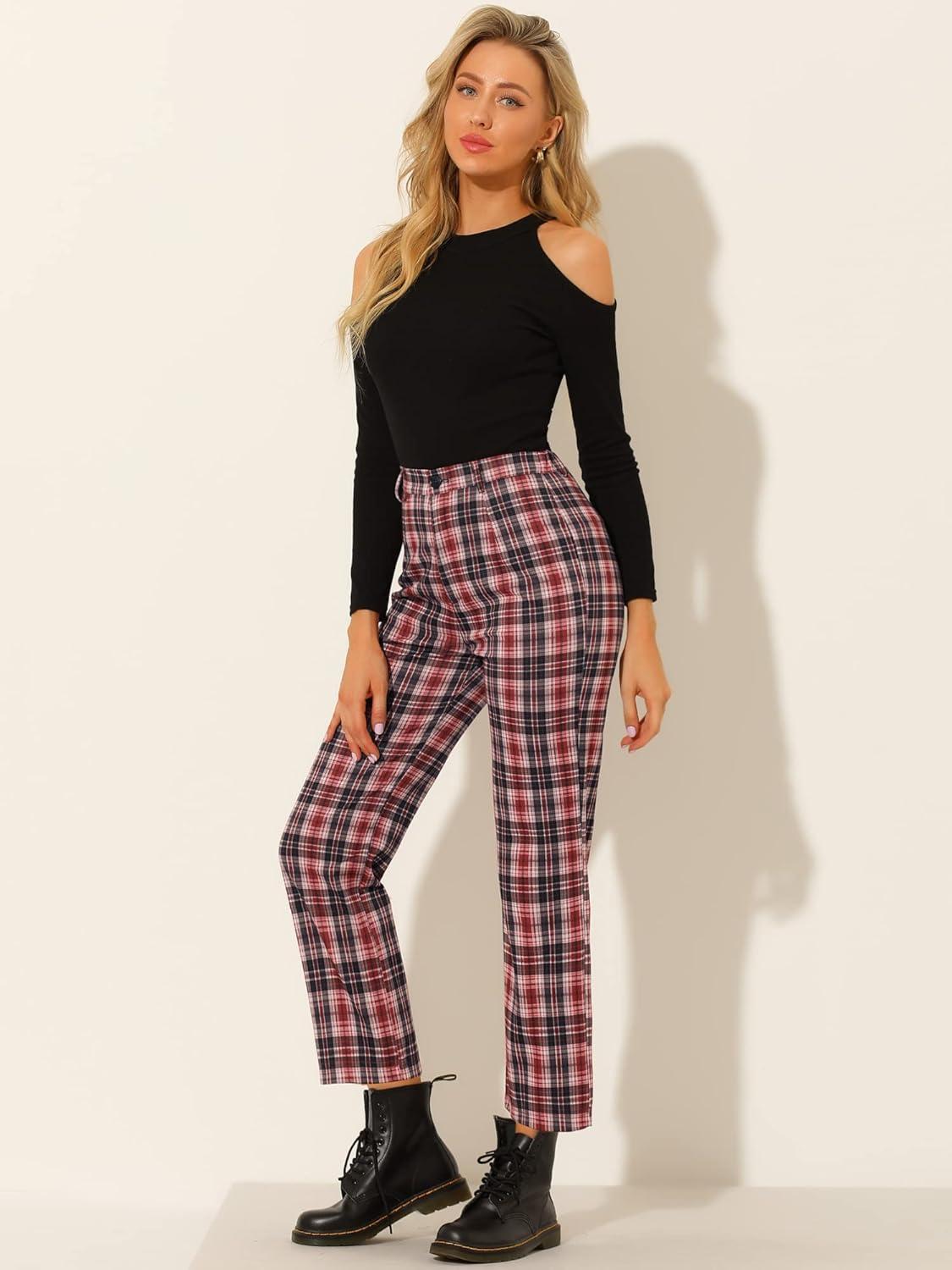 imageAllegra K Womens Plaid Pants High Waisted Vintage Tartan Checkered Cropped Casual Work PantsRed
