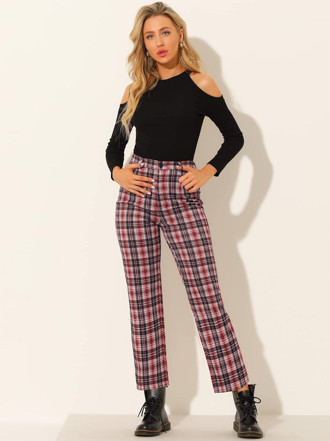 imageAllegra K Womens Plaid Pants High Waisted Vintage Tartan Checkered Cropped Casual Work PantsRed