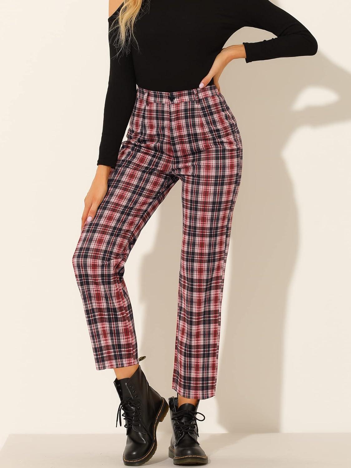 imageAllegra K Womens Plaid Pants High Waisted Vintage Tartan Checkered Cropped Casual Work PantsRed