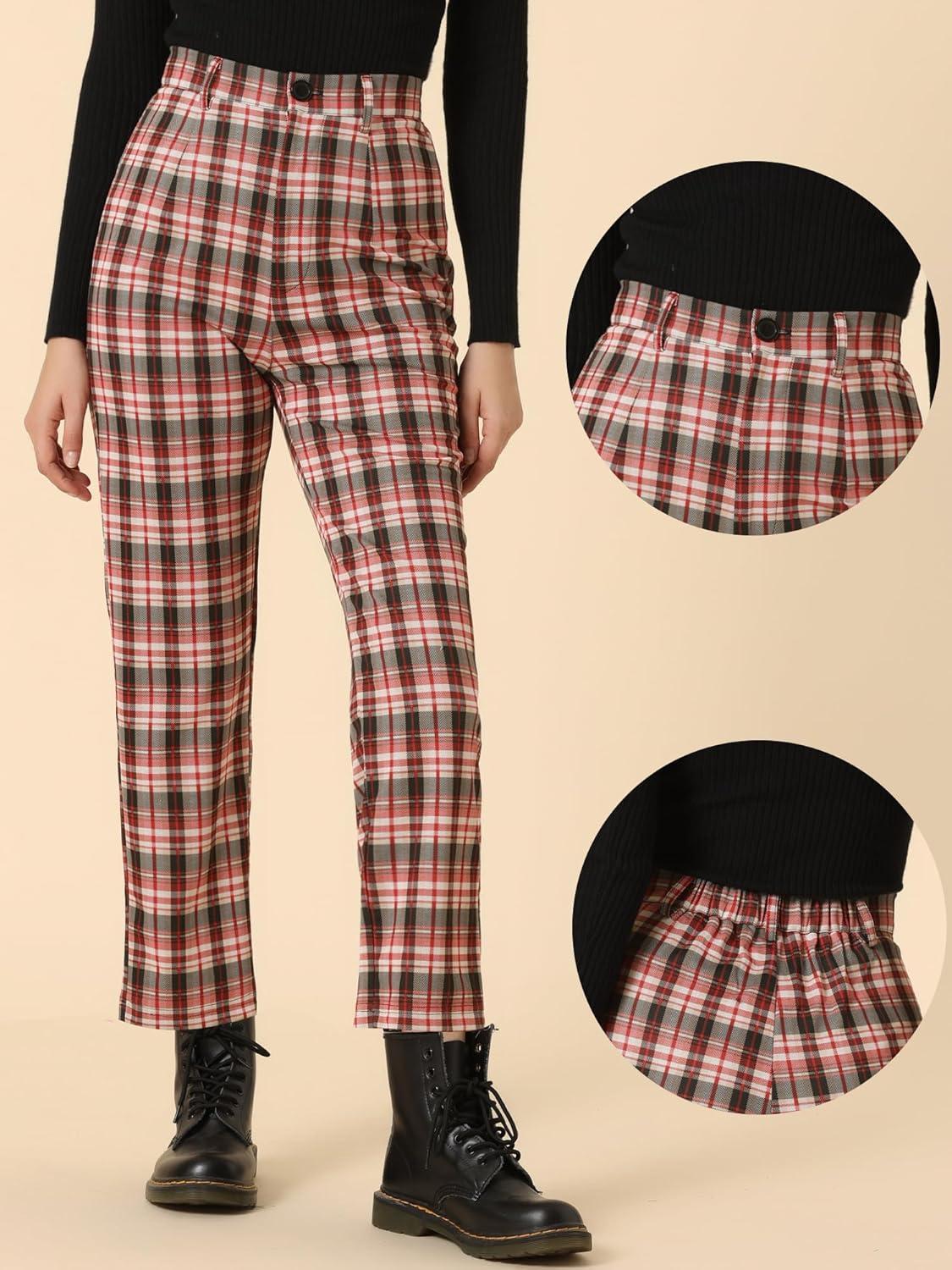 imageAllegra K Womens Plaid Pants High Waisted Vintage Tartan Checkered Cropped Casual Work PantsRed Black