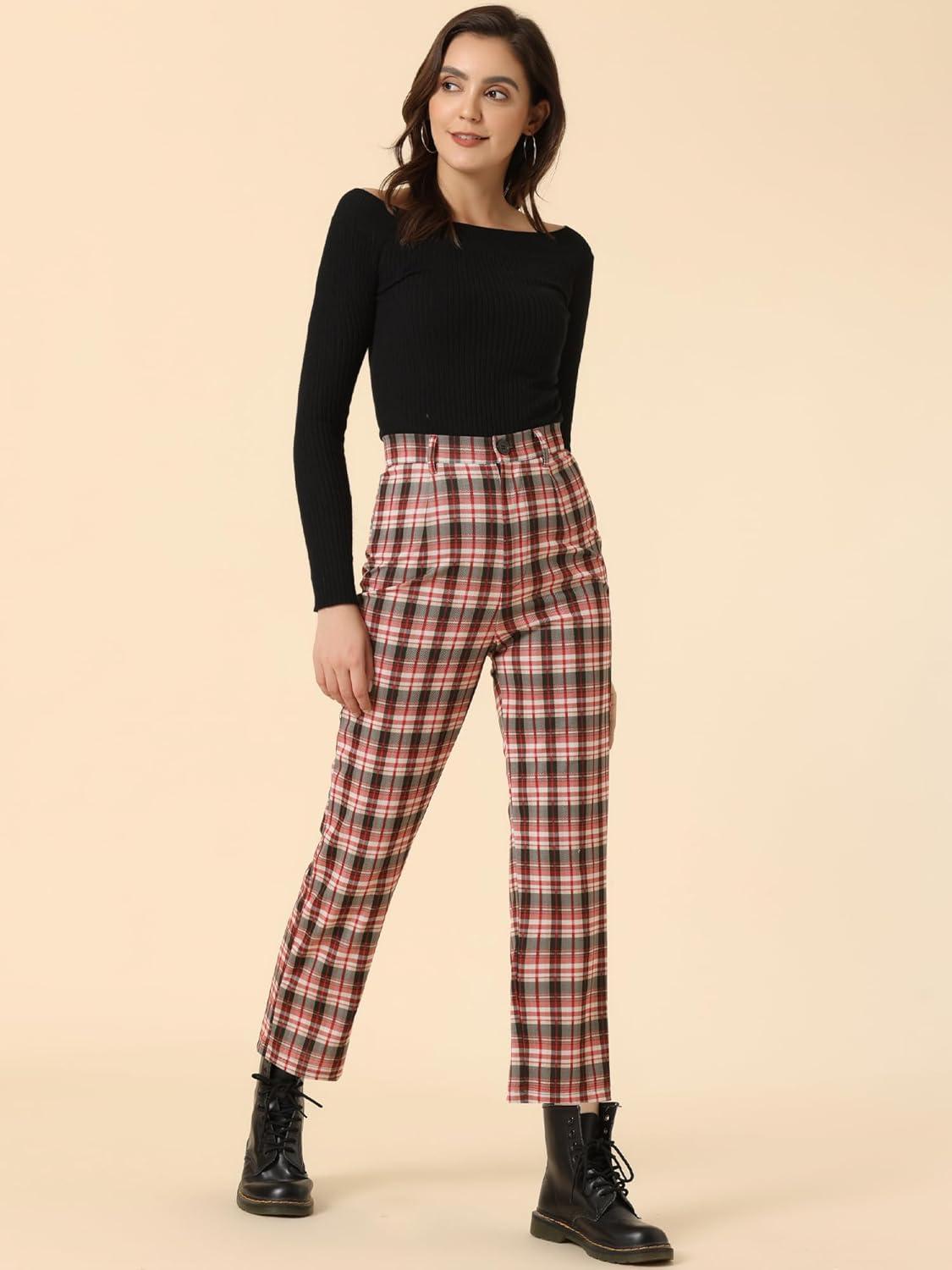 imageAllegra K Womens Plaid Pants High Waisted Vintage Tartan Checkered Cropped Casual Work PantsRed Black