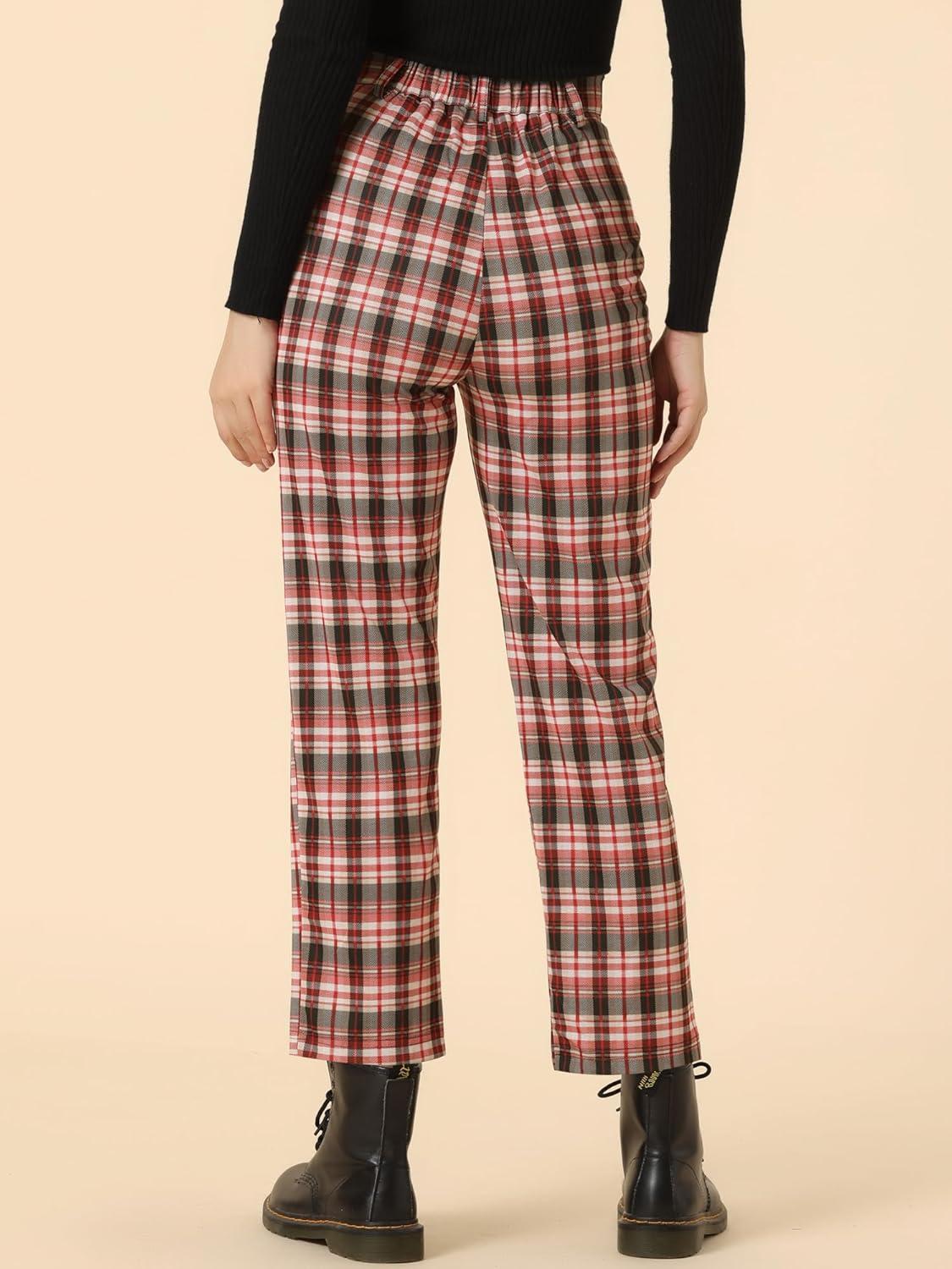 imageAllegra K Womens Plaid Pants High Waisted Vintage Tartan Checkered Cropped Casual Work PantsRed Black