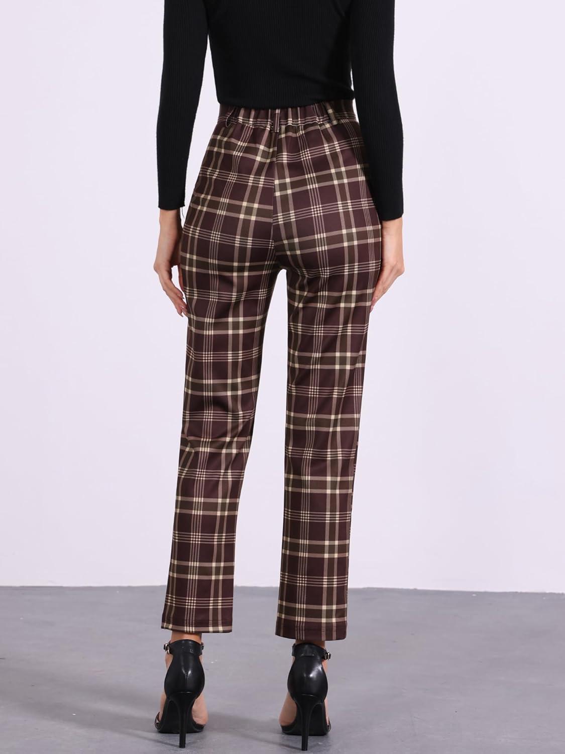 imageAllegra K Womens Plaid Pants High Waisted Vintage Tartan Checkered Cropped Casual Work PantsRed Brown