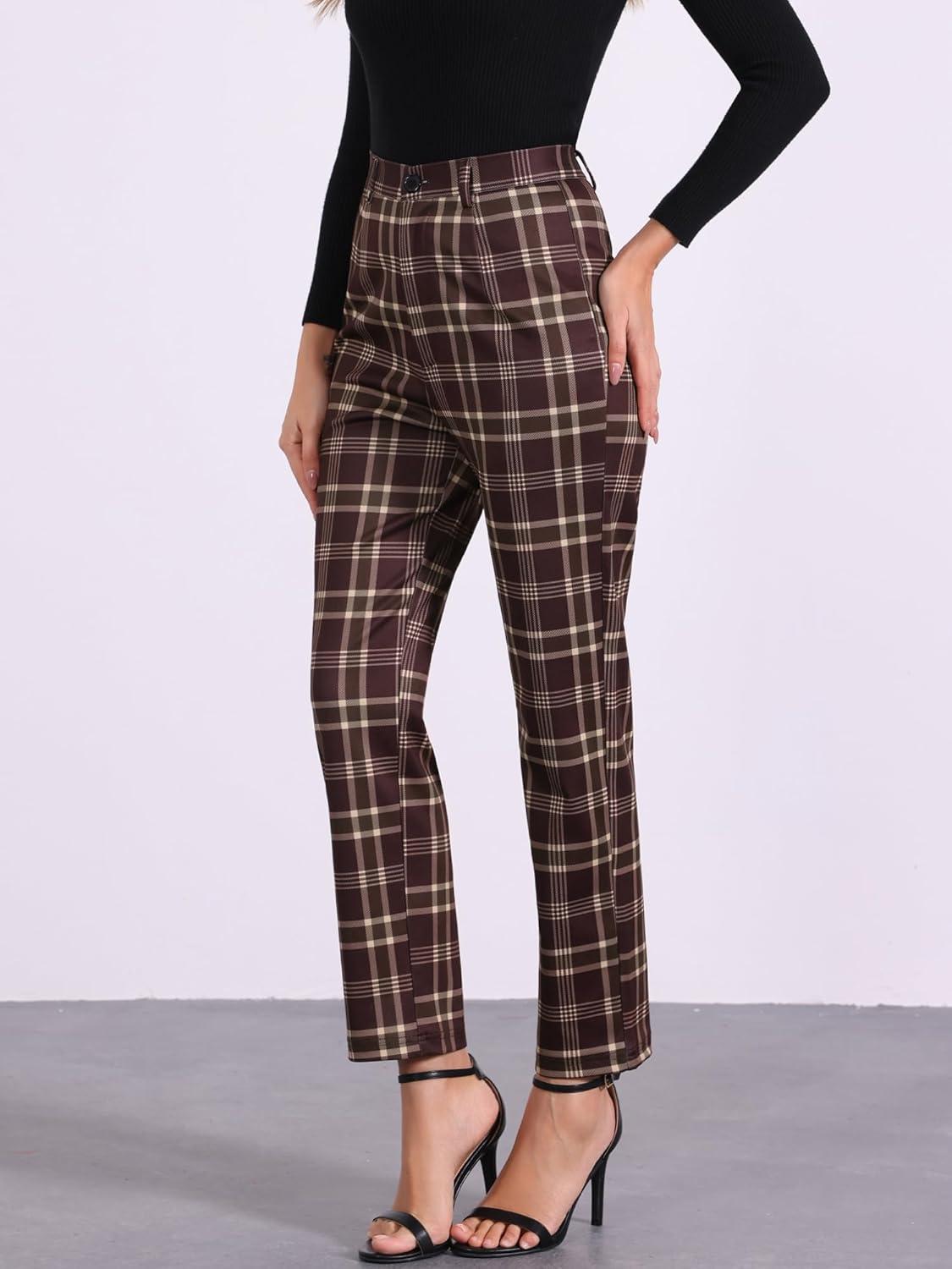 imageAllegra K Womens Plaid Pants High Waisted Vintage Tartan Checkered Cropped Casual Work PantsRed Brown