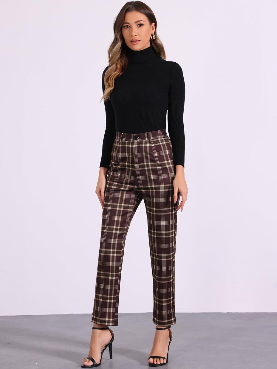imageAllegra K Womens Plaid Pants High Waisted Vintage Tartan Checkered Cropped Casual Work PantsRed Brown