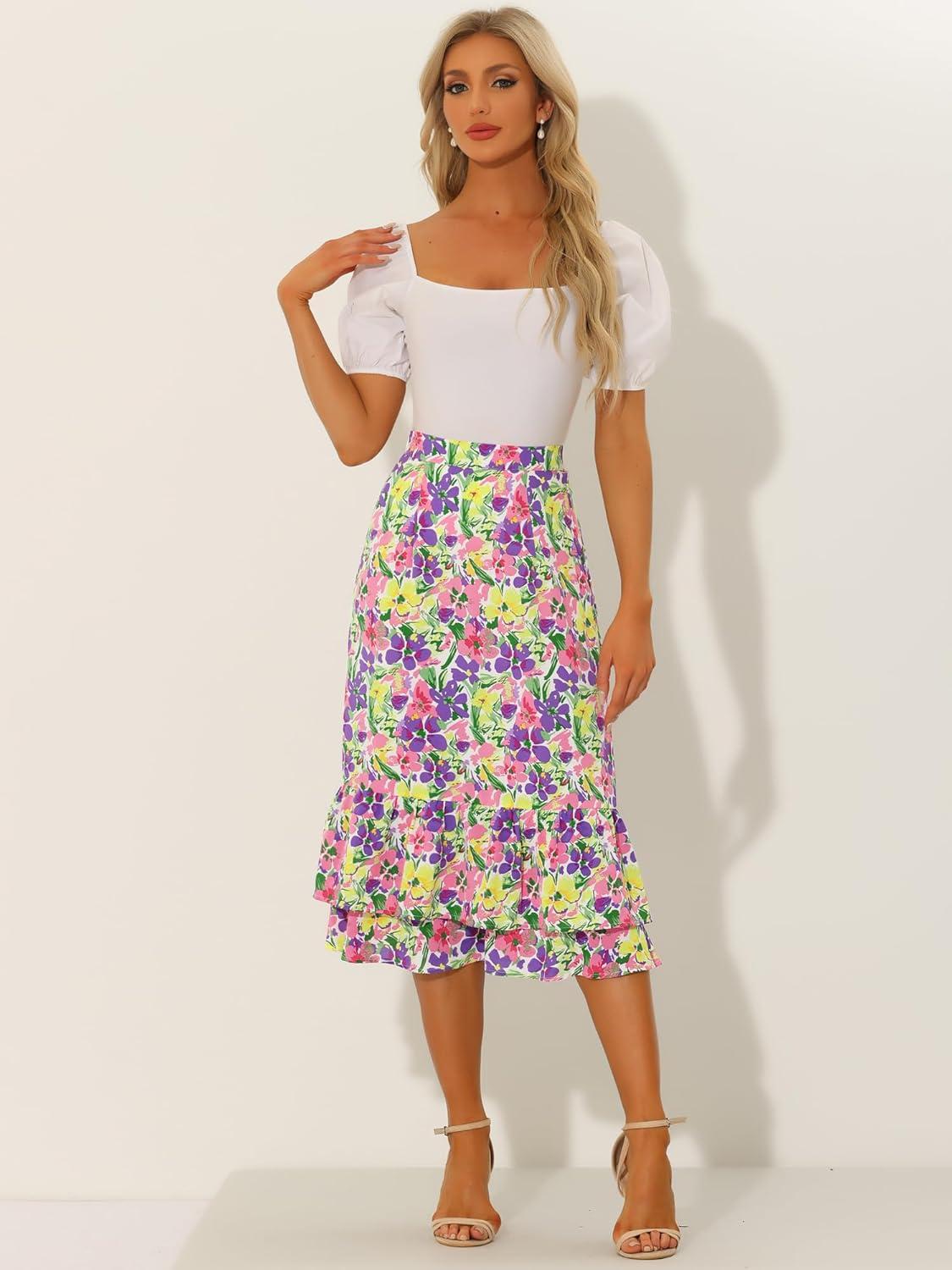imageAllegra K Womens Printed Skirt 2025 Weekend Trendy Summer Chiffon Ruffle Tiered Flowy Midi SkirtsPurple Yellowfloral