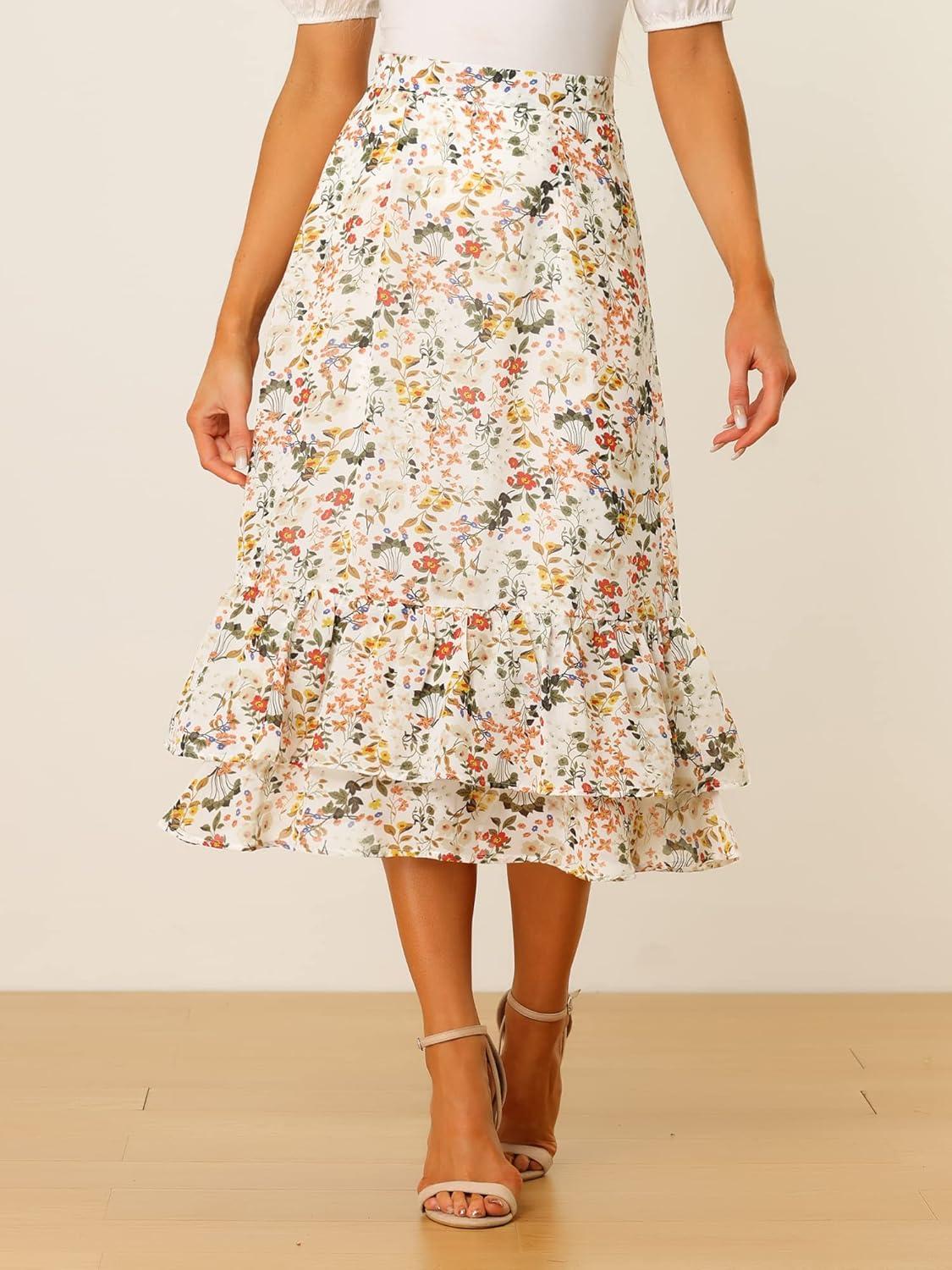 imageAllegra K Womens Printed Skirt 2025 Weekend Trendy Summer Chiffon Ruffle Tiered Flowy Midi SkirtsWhite Yellowfloral