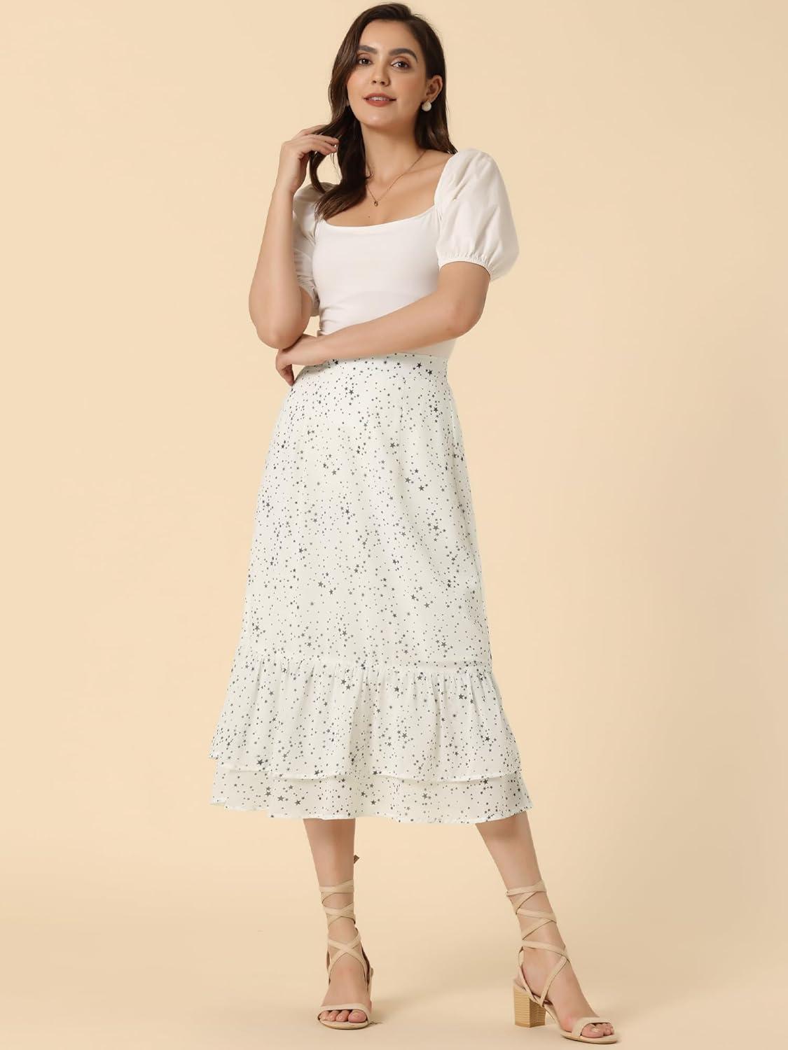 imageAllegra K Womens Printed Skirt 2025 Weekend Trendy Summer Chiffon Ruffle Tiered Flowy Midi SkirtsWhitestar