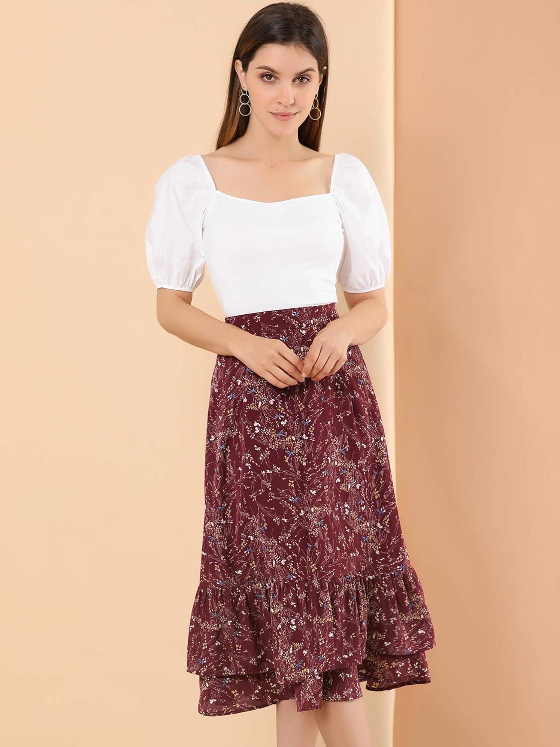 imageAllegra K Womens Printed Skirt 2025 Weekend Trendy Summer Chiffon Ruffle Tiered Flowy Midi SkirtsWine Redfloral