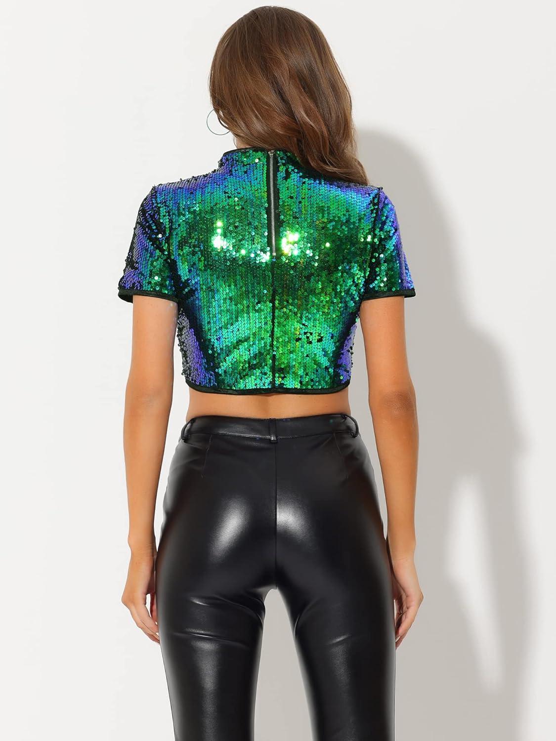 imageAllegra K Womens Sequin Crop Top Sparkle Glitter Short Sleeve Shinning T Shirt Club BlouseGreen